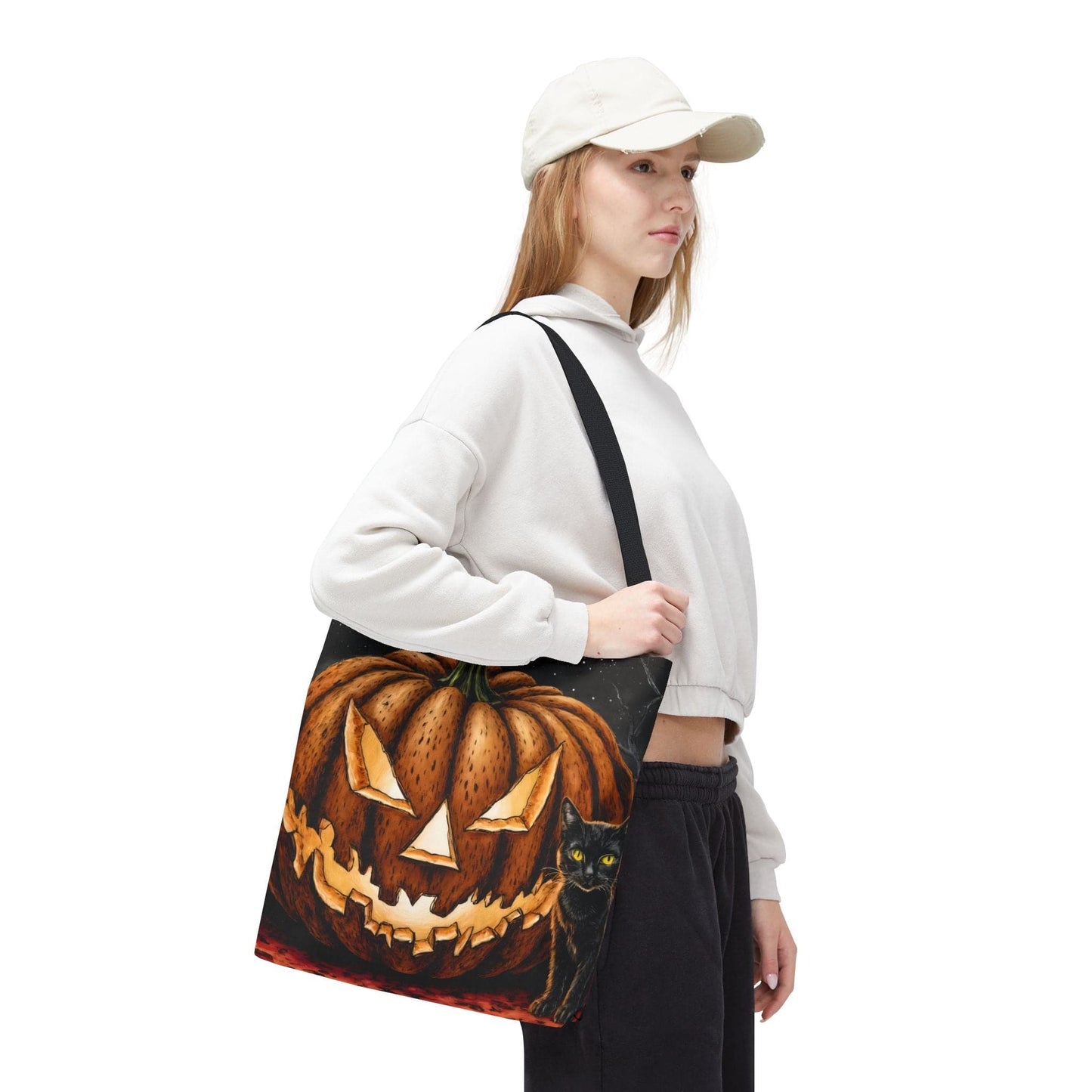 Printify Bags 16" × 16'' / Black Halloween Pumpkin Cat Tote: Spooky Autumn Accessory for Trick-or-Treat and Fall Fashion