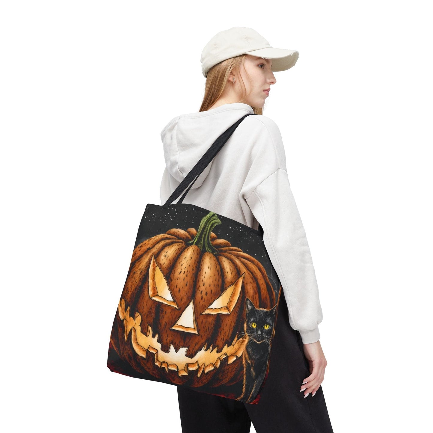 Printify Bags 18" × 18'' / Black Halloween Pumpkin Cat Tote: Spooky Autumn Accessory for Trick-or-Treat and Fall Fashion