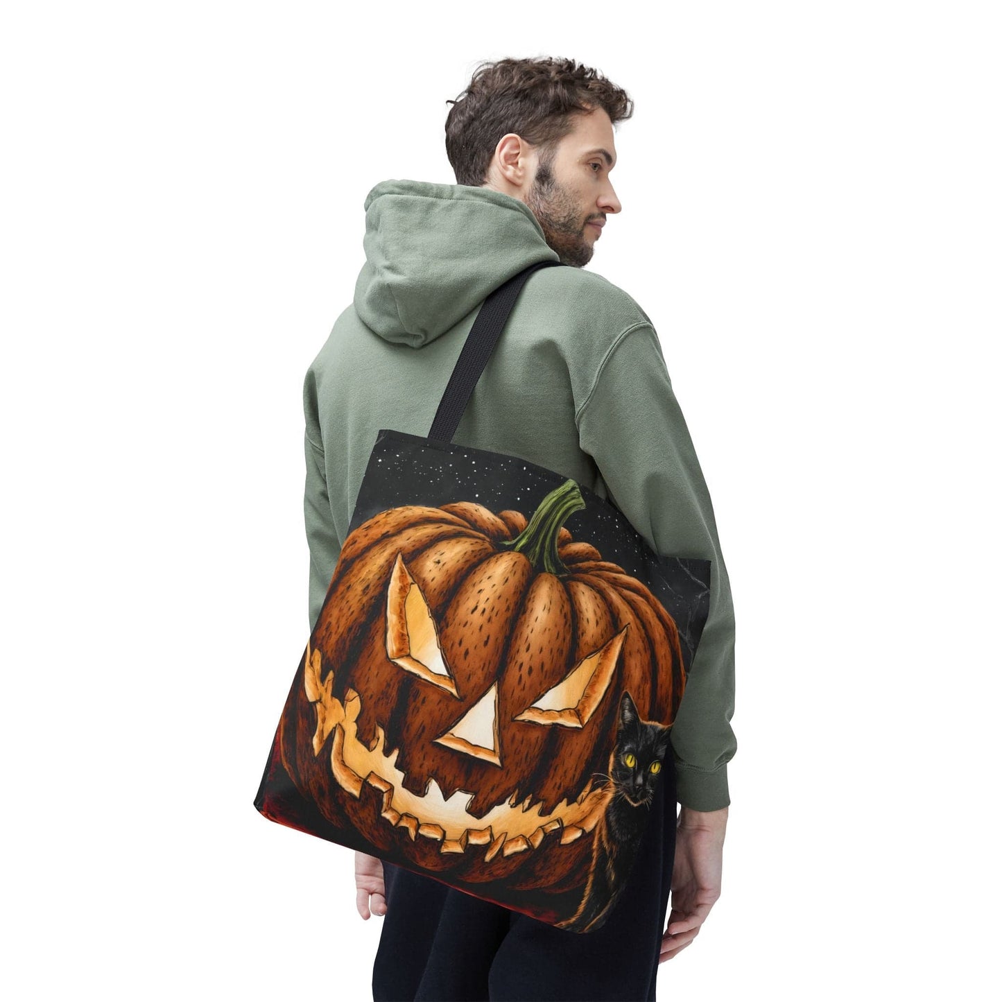 Printify Bags Halloween Pumpkin Cat Tote: Spooky Autumn Accessory for Trick-or-Treat and Fall Fashion