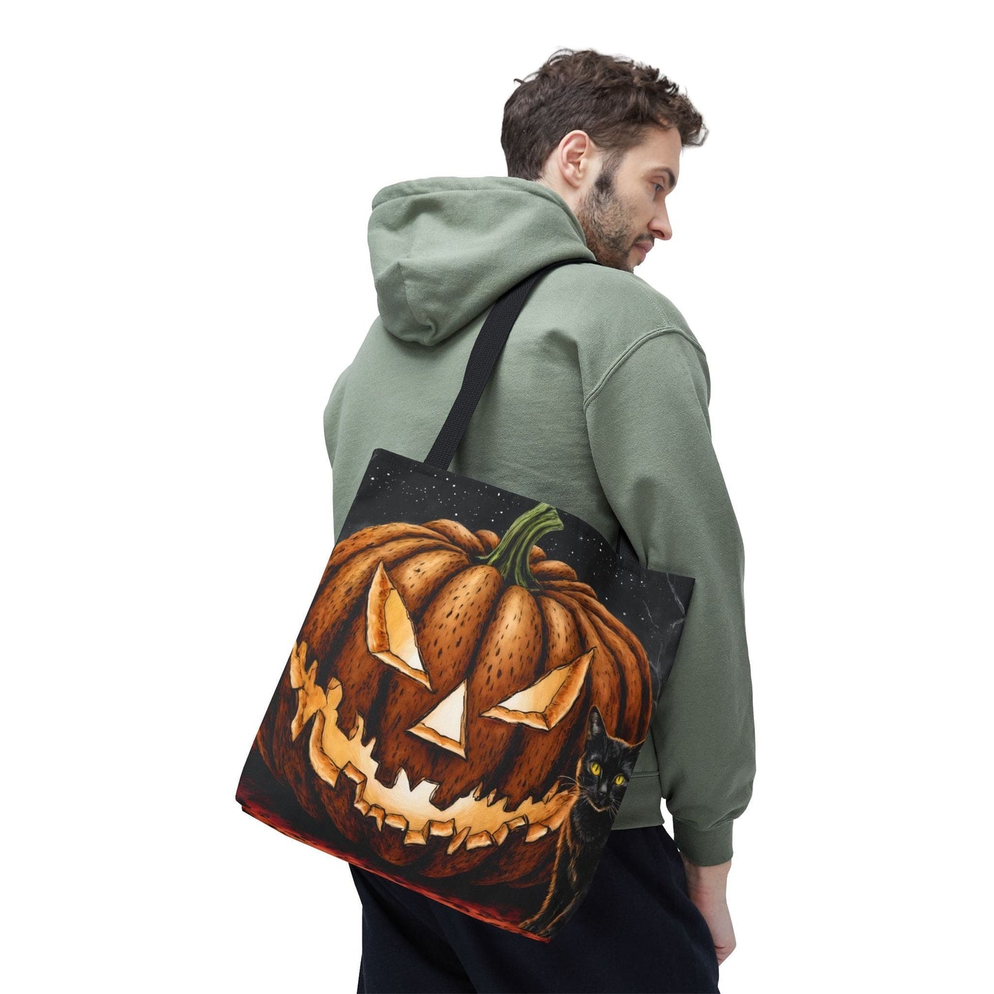 Printify Bags Halloween Pumpkin Cat Tote: Spooky Autumn Accessory for Trick-or-Treat and Fall Fashion