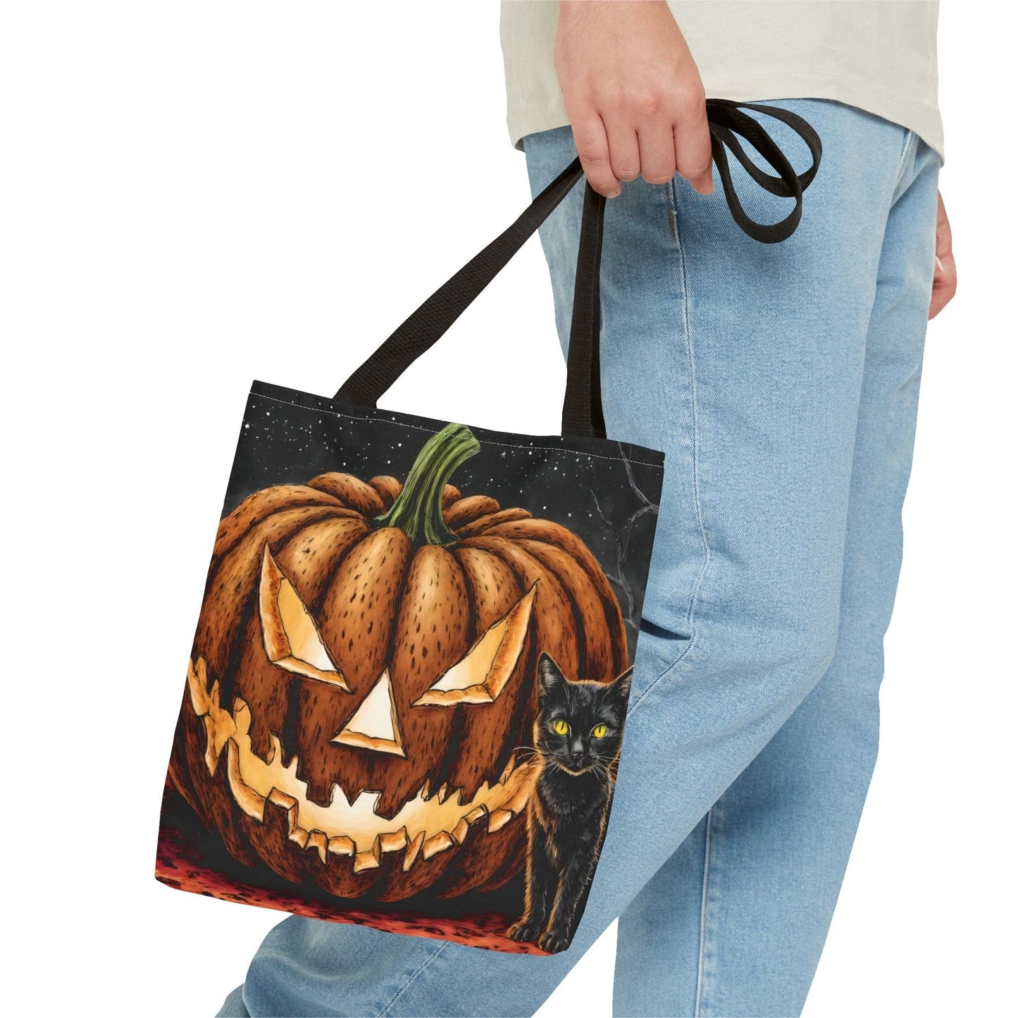 Printify Bags Halloween Pumpkin Cat Tote: Spooky Autumn Accessory for Trick-or-Treat and Fall Fashion