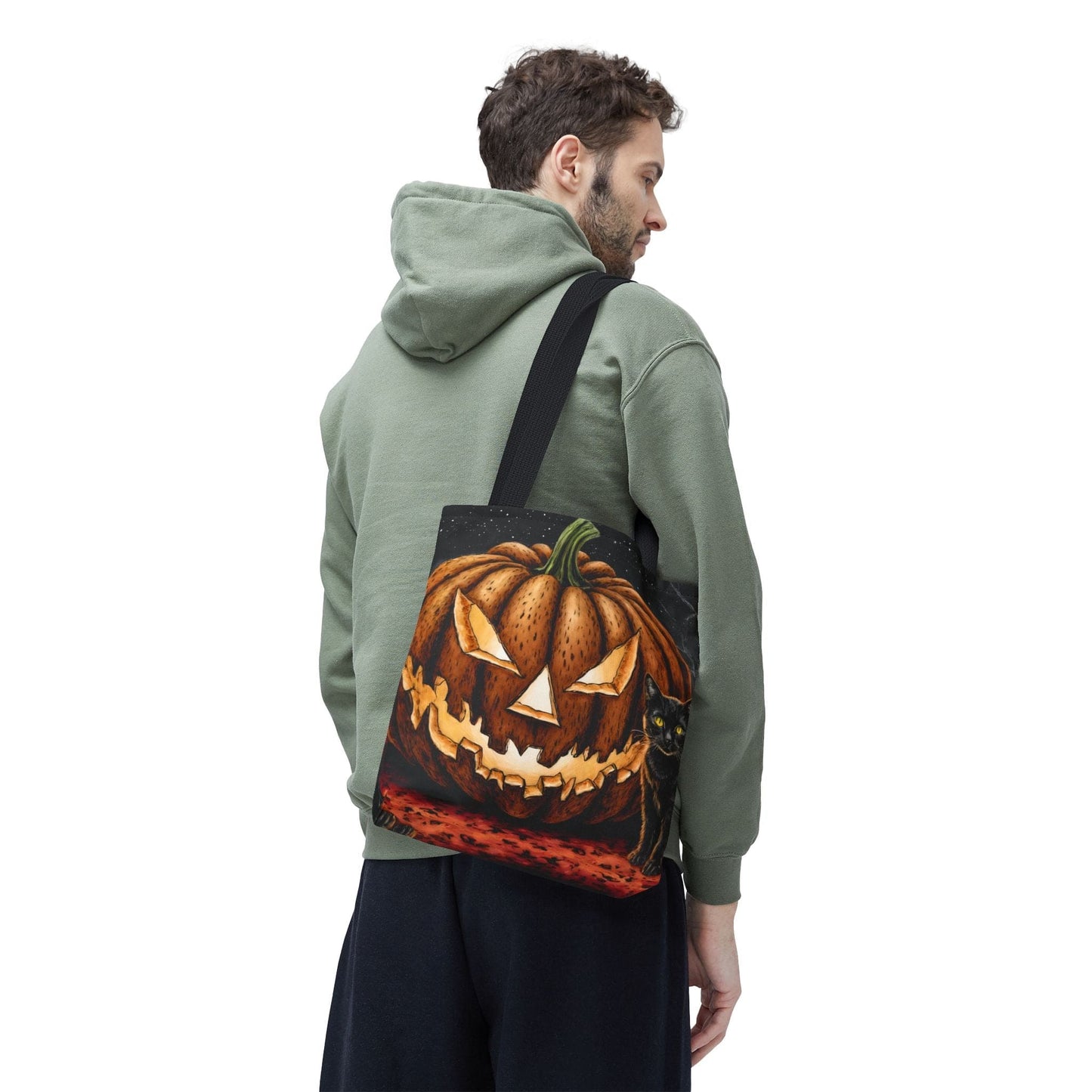 Printify Bags Halloween Pumpkin Cat Tote: Spooky Autumn Accessory for Trick-or-Treat and Fall Fashion
