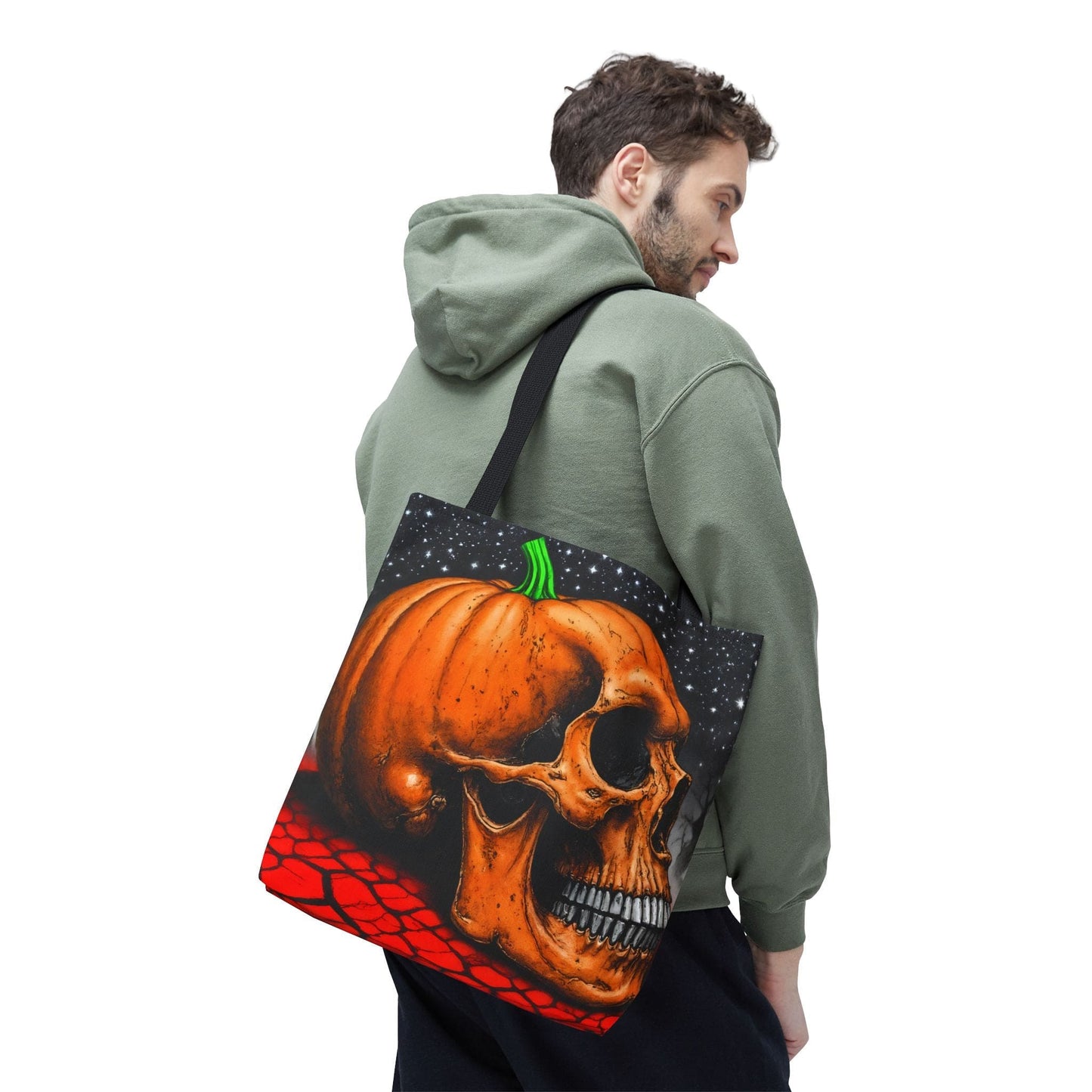 Printify Bags Spooky Skull Pumpkin Tote: Halloween Trick-or-Treat Bag, Gothic Fall Accessory, Unique Gift