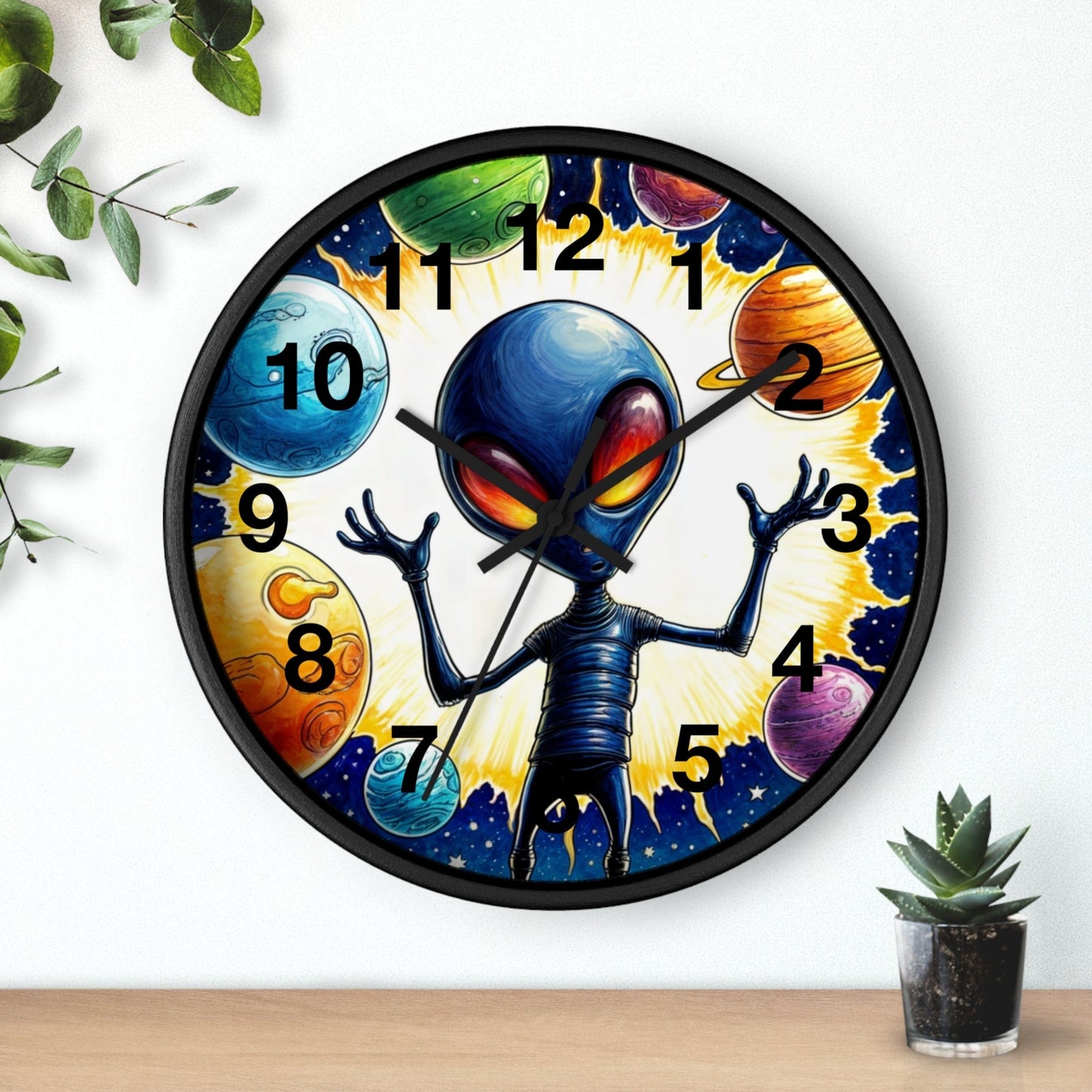 Printify Home Decor Black Base / Black / 10" Out of This World Alien O'clock - Wall Clock, Whimsical Timepiece, Fun Alien Clock