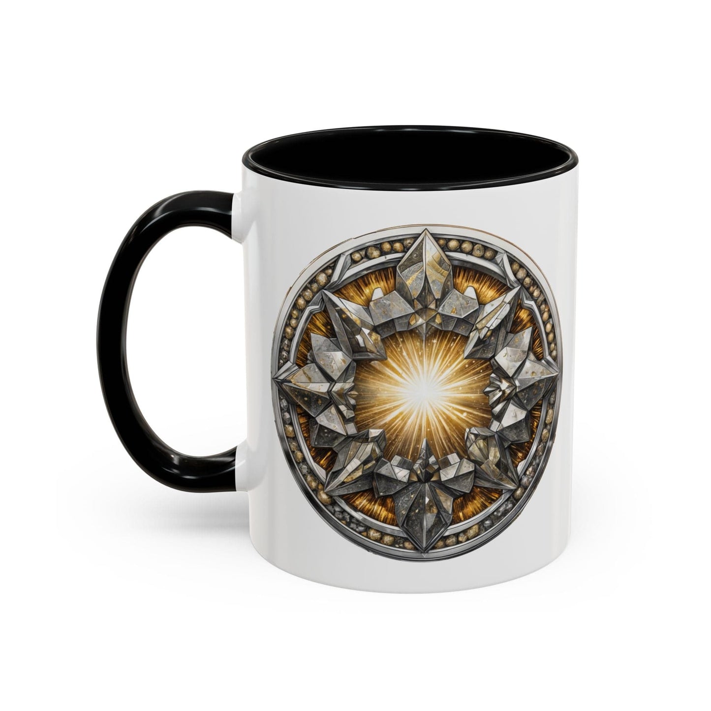 Printify Mug 11oz / Black Pyrite Gemstone Coffee Mug with Uplifting Quote and QR Code Perfect for Achievers and Positive Vibes Enthusiasts Crystal Lovers