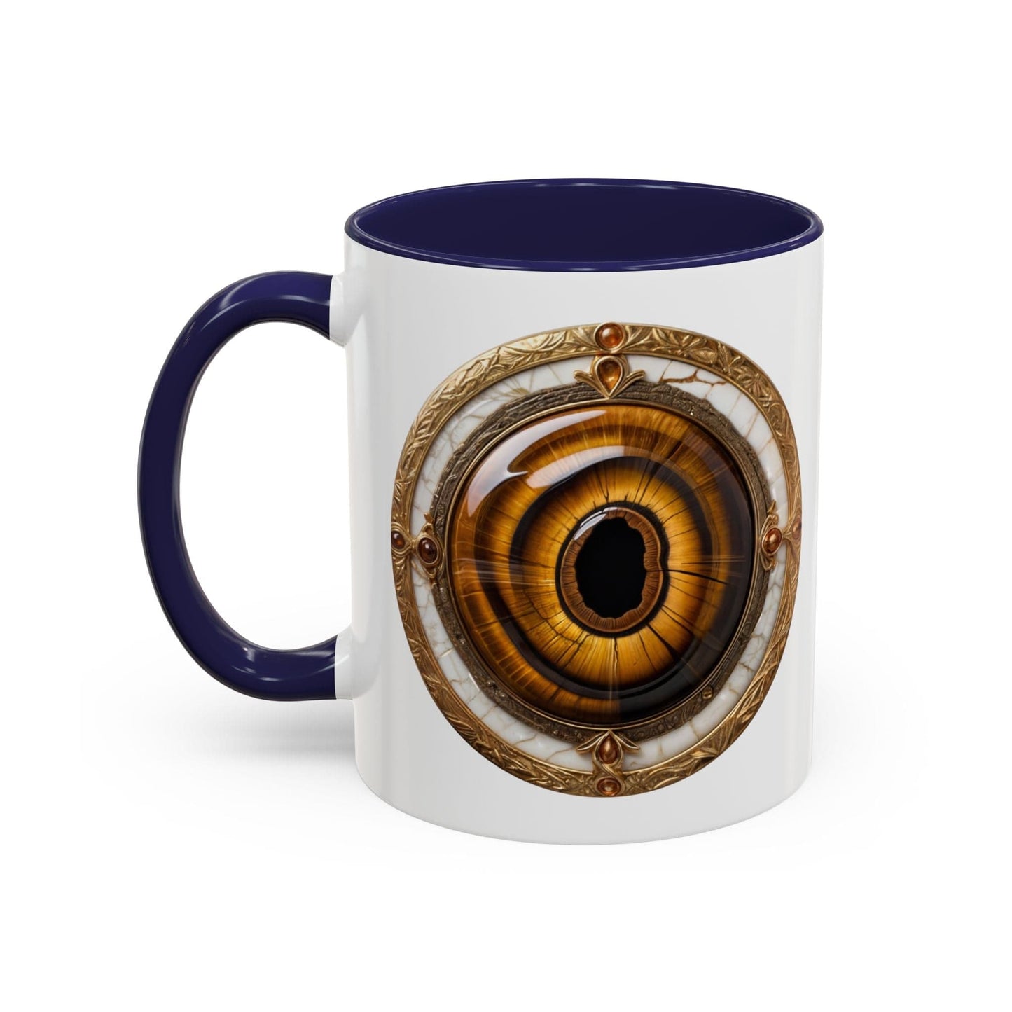 Printify Mug 11oz / Navy Tigers Eye Crystal Coffee Mug with Empowering Quote and QR Code Great Gemstone Gift for Adventurers and Goal Setter Lovers