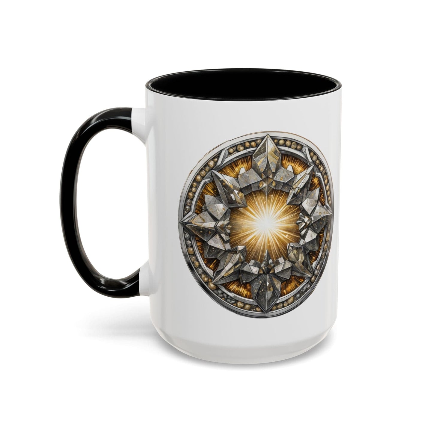 Printify Mug 15oz / Black Pyrite Gemstone Coffee Mug with Uplifting Quote and QR Code Perfect for Achievers and Positive Vibes Enthusiasts Crystal Lovers