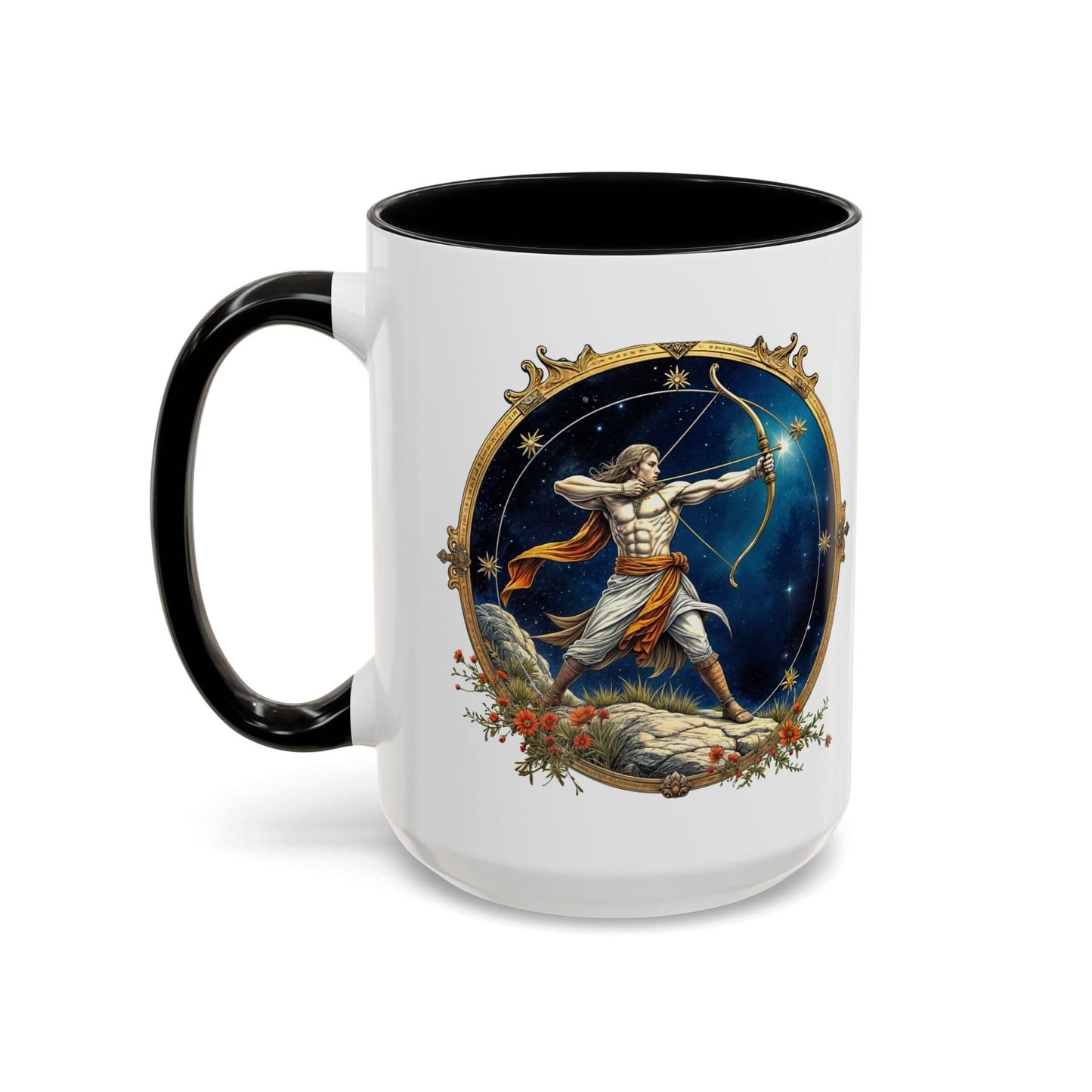 Printify Mug 15oz / Black Sagittarius Zodiac Coffee Mug with Inspirational Quote and Smart QR Code Adventurous Astrology Gift Horoscope Mug for Sagittarius Fans