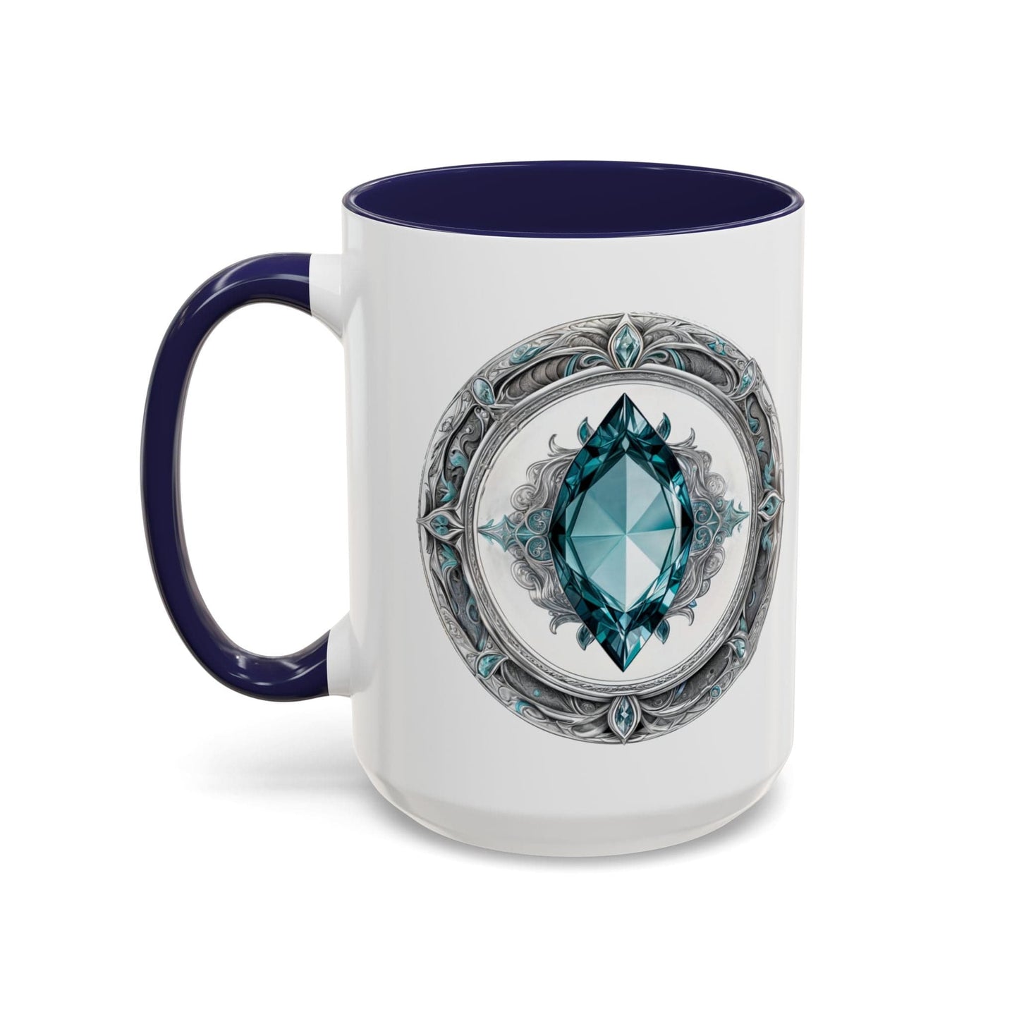 Printify Mug 15oz / Navy Aquamarine Crystal Coffee Mug with Soothing Quote and QR Code Great Gift for Ocean Lovers Gemstone and Meditation Enthusiasts