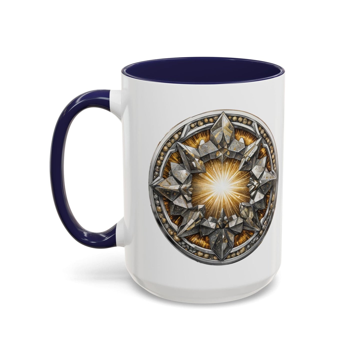 Printify Mug 15oz / Navy Pyrite Gemstone Coffee Mug with Uplifting Quote and QR Code Perfect for Achievers and Positive Vibes Enthusiasts Crystal Lovers