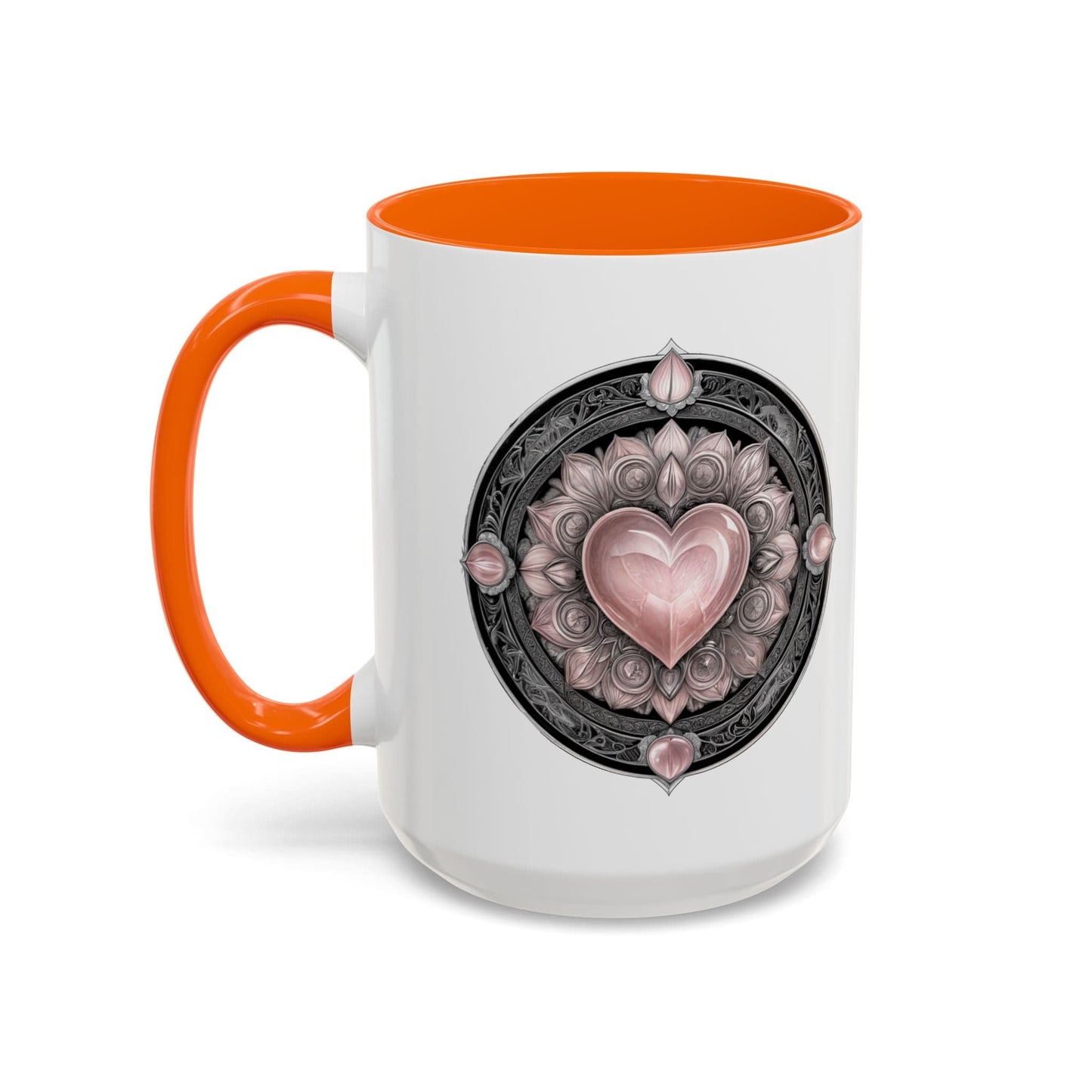 Printify Mug 15oz / Orange Rose Quartz Love Crystal Coffee Mug with Heartwarming Quote and QR Code Beautiful Gemstone Gift for Valentines Day or Mothers Day