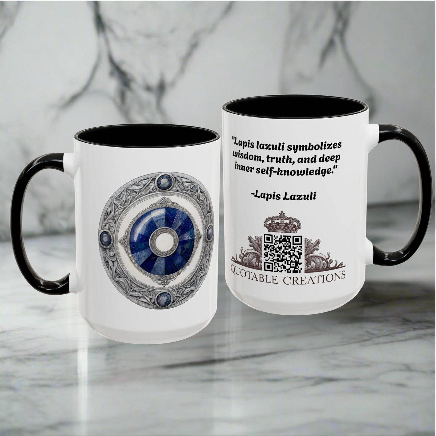 Printify Mug Lapis Lazuli Gemstone Mug with Inspirational Quote and QR Code Perfect for Dreamers Spiritual Seekers and Crystal Lovers
