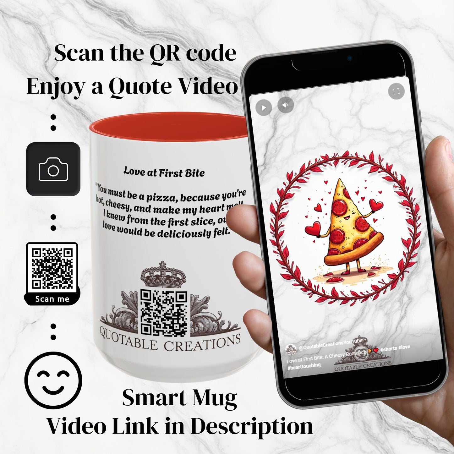 Printify Mug Mug - Love at First Bite - Love & Fun Mug with QR Code Quote Video