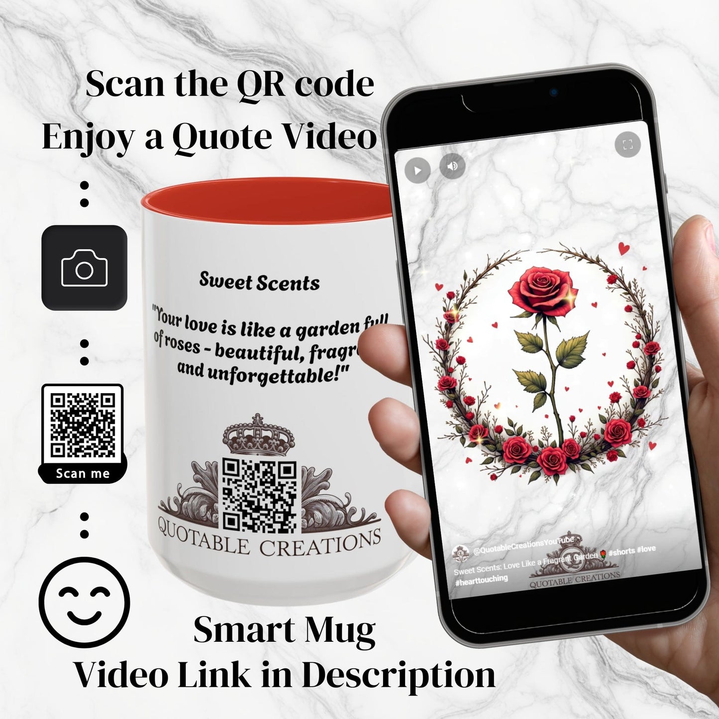 Printify Mug Mug - Sweet Scents - Love & Romance QR Code Quote Video