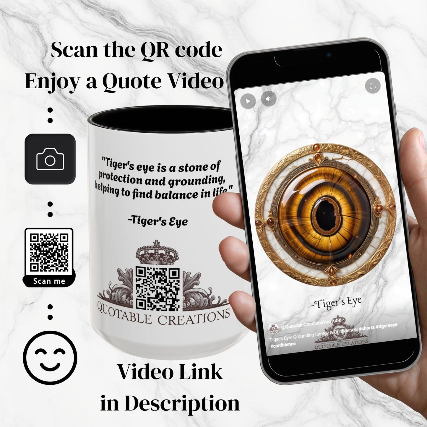 Printify Mug Tigers Eye Crystal Coffee Mug with Empowering Quote and QR Code Great Gemstone Gift for Adventurers and Goal Setter Lovers