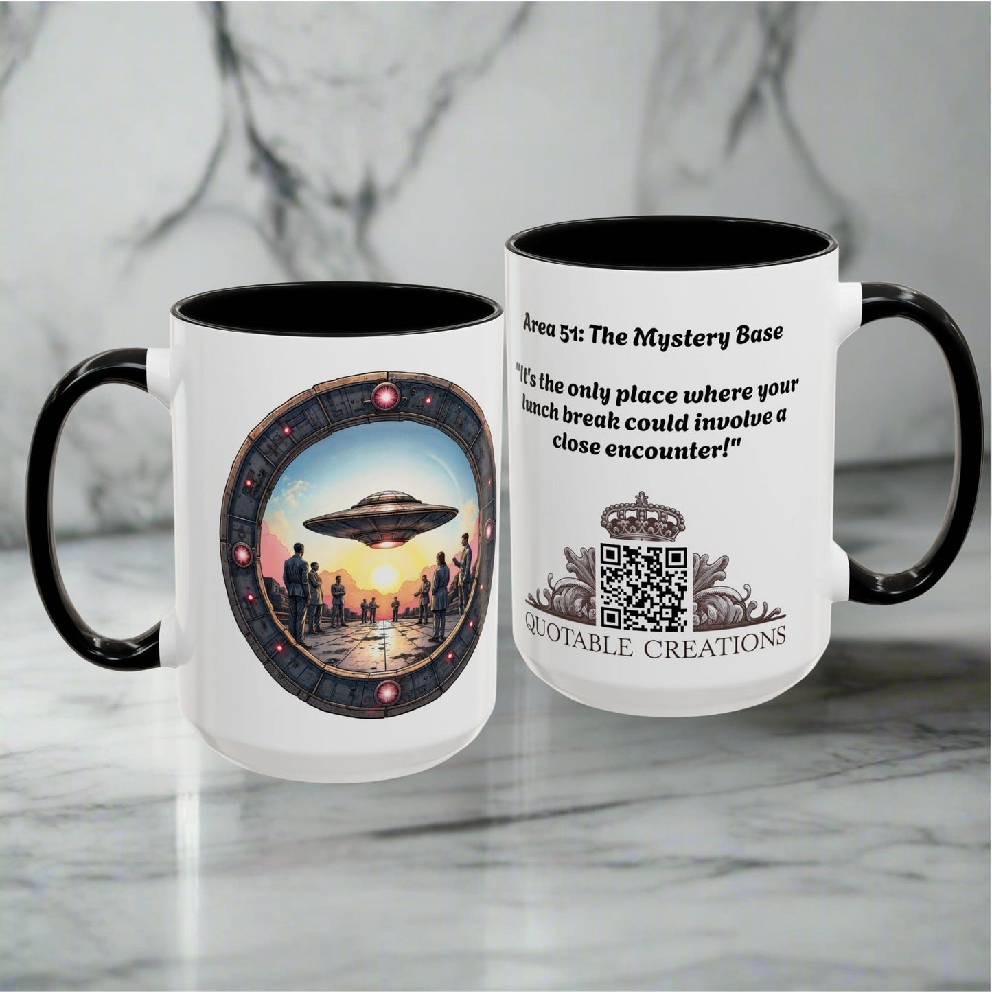 Printify Mug UFO Coffee Mug with Funny Conspiracy Theory Quotes - for Enthusiasts Who Enjoy Mysterious Area 51 Humor Unique Gift Idea QR Code Quote Video