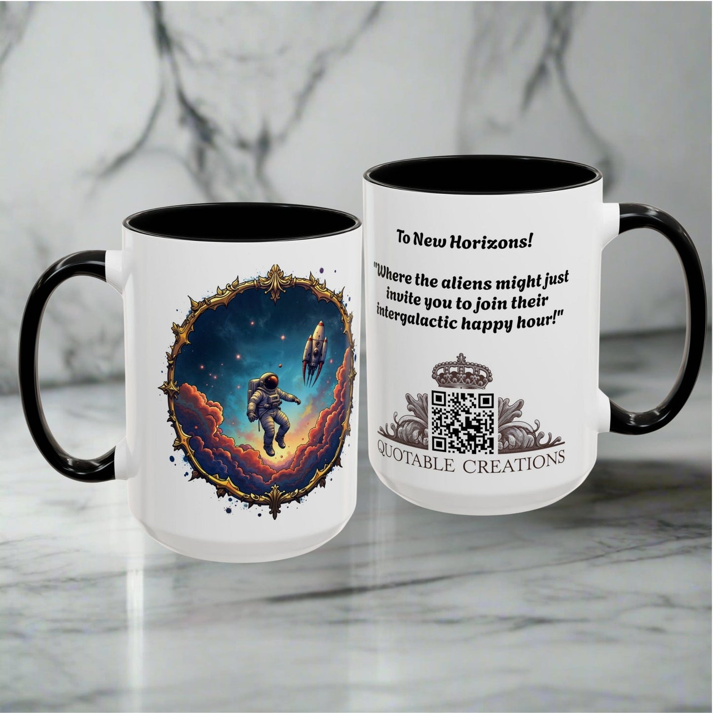 Printify Mug UFO Coffee Mug with Happy Hour Quotes for Intergalactic Travelers - Who Love Quirky Gift Funny Space-Themed Puns for All QR Code Quote Video