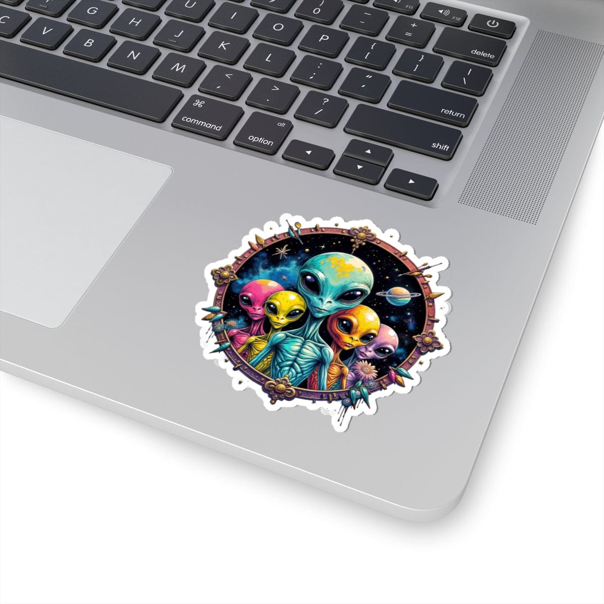 Printify Paper products 3" × 3" / White Sticker - Cosmic Beings Unite! Time for a Galaxy Celebration! - Alien & Space Kiss-Cut