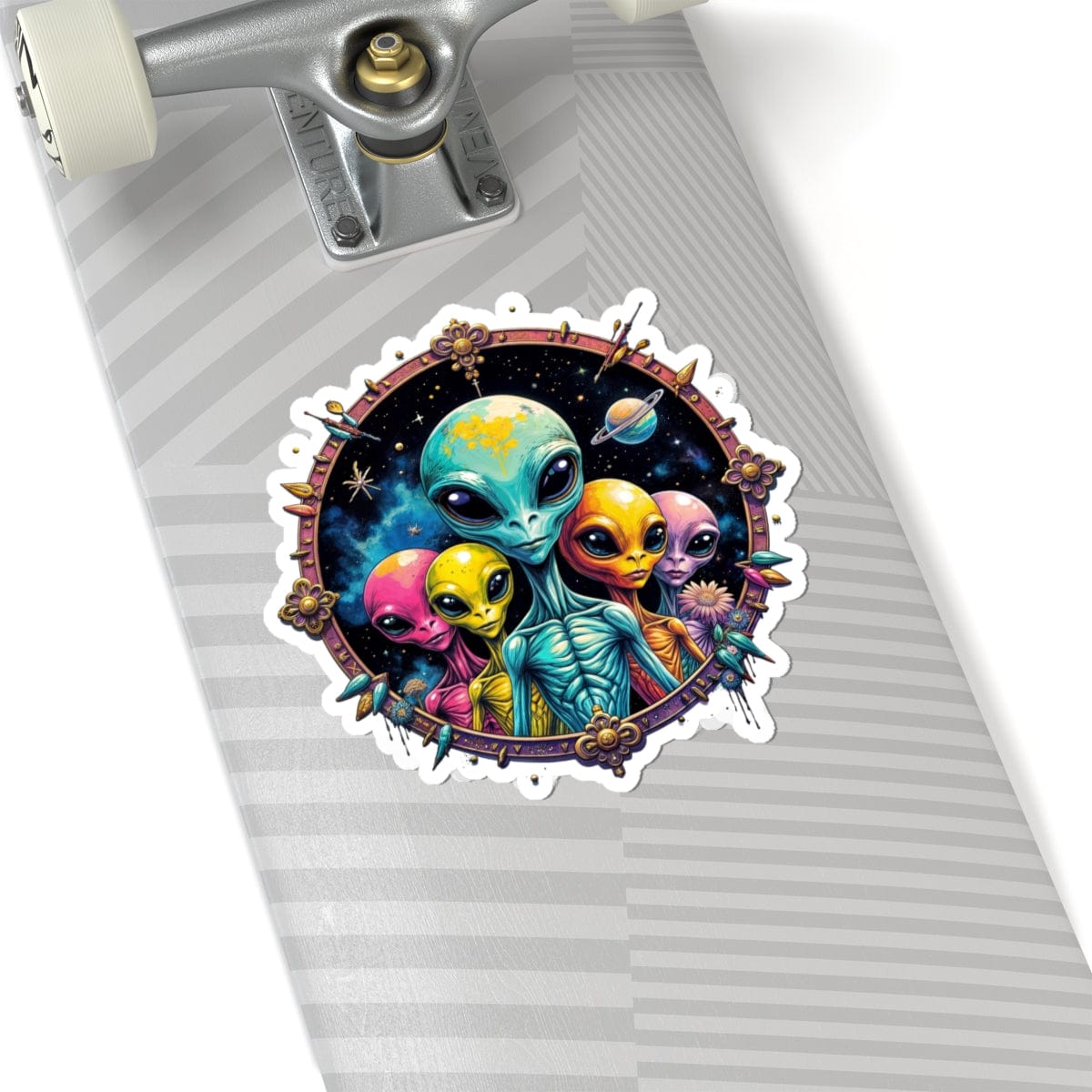 Printify Paper products 6" × 6" / White Sticker - Cosmic Beings Unite! Time for a Galaxy Celebration! - Alien & Space Kiss-Cut