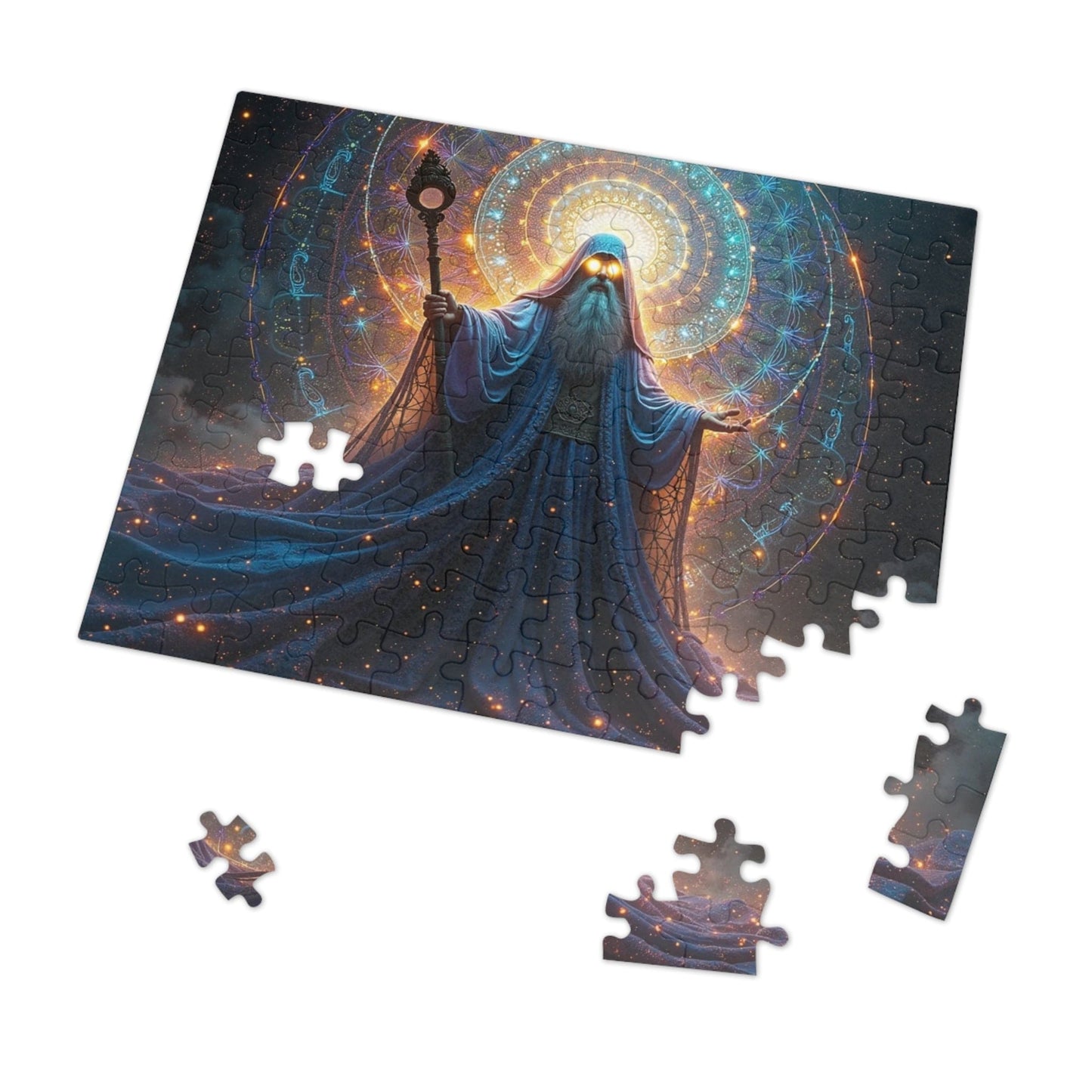 Printify Puzzle 10" × 8" (110 pcs) Kaleidoscopic Sorcery: The Arcane Dimensions Unraveled - Jigsaw Puzzle with Tin Box