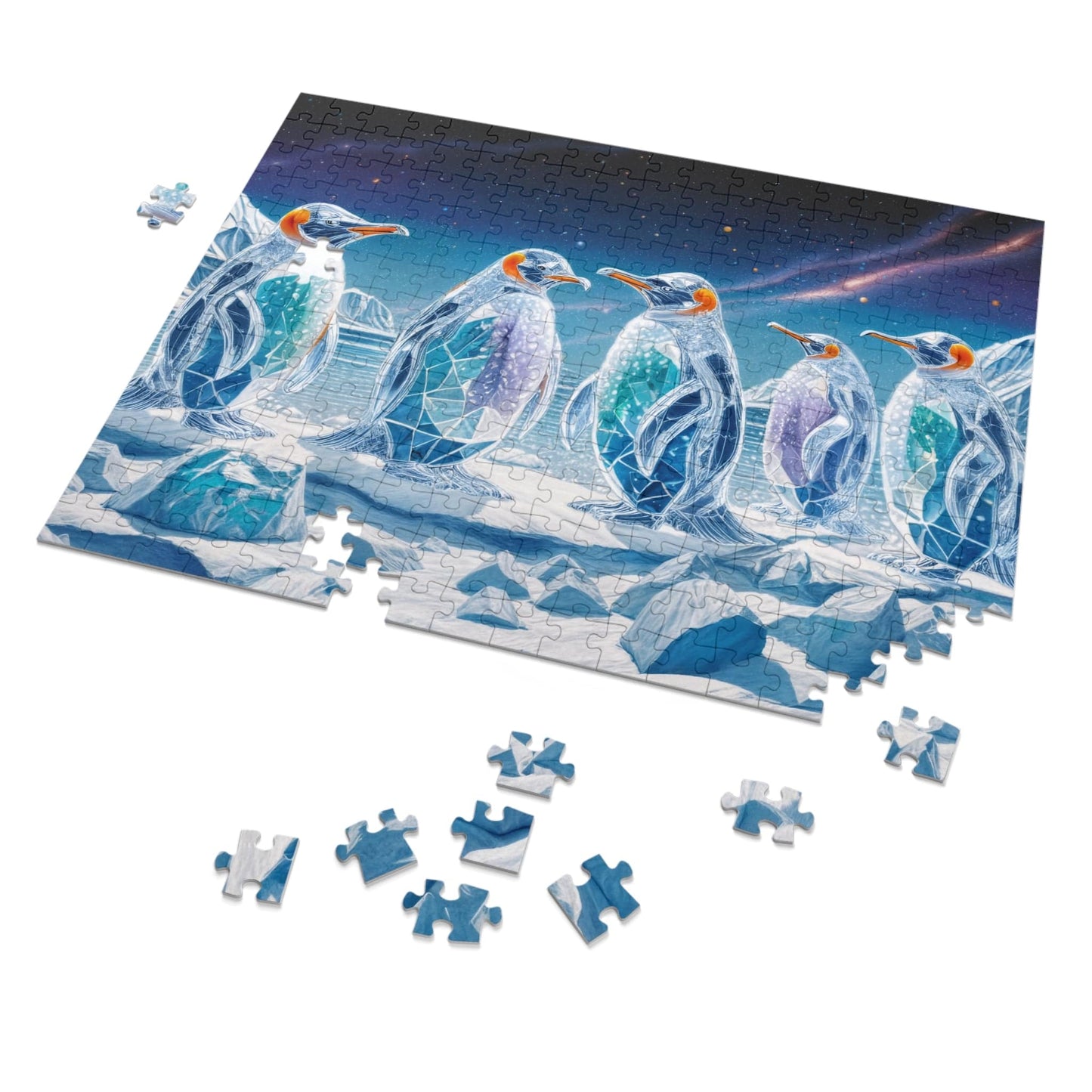 Printify Puzzle 14" × 11" (252 pcs) Crystal Penguins - Jigsaw Puzzle with Tin Box