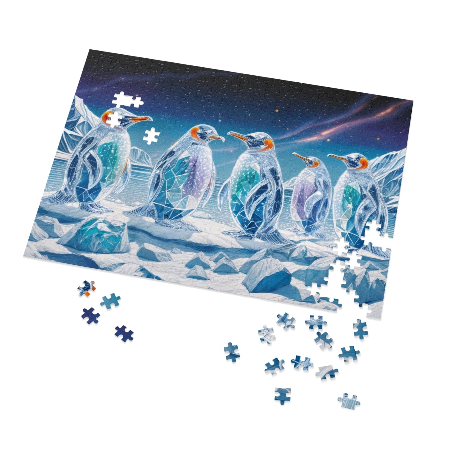 Printify Puzzle 21" × 15.5" (500 pcs) Crystal Penguins - Jigsaw Puzzle with Tin Box