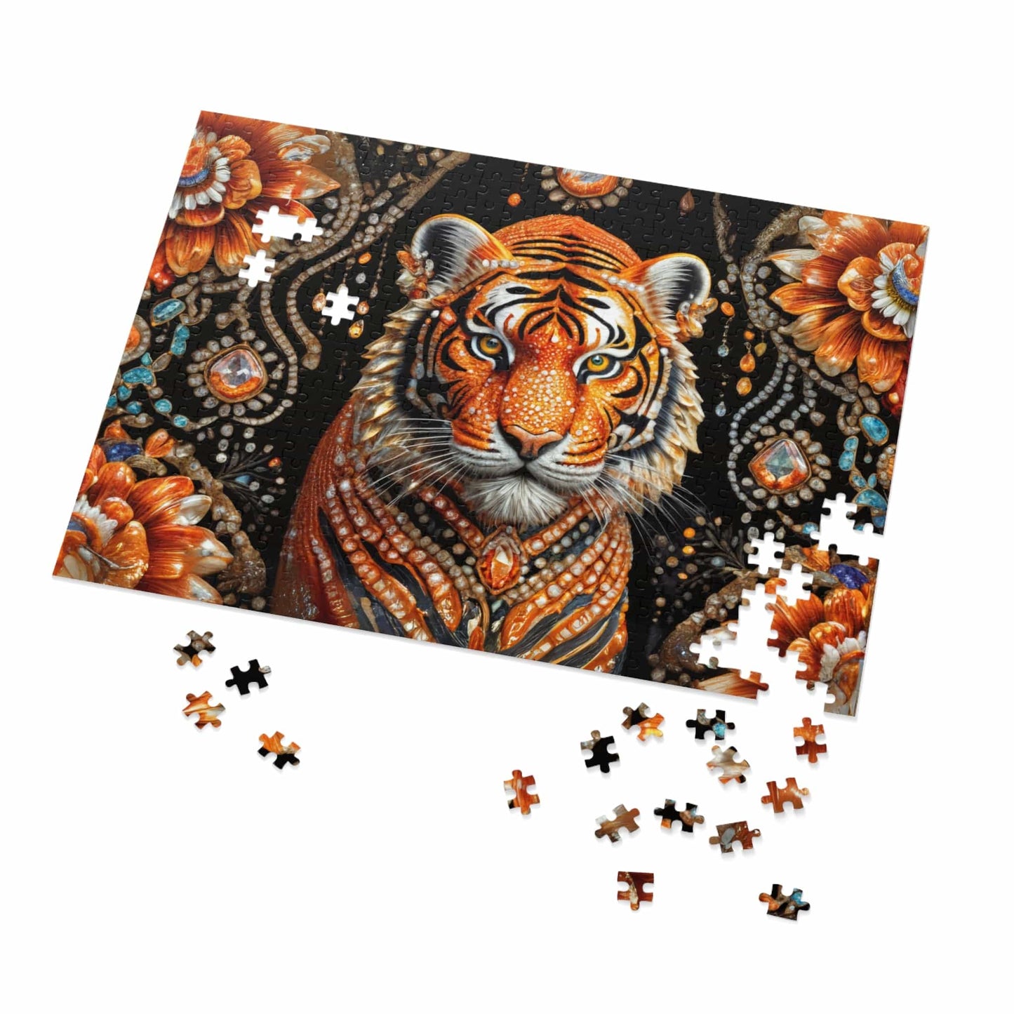 Printify Puzzle 21" × 15.5" (500 pcs) Gem Flower Tiger - Jigsaw Puzzle with Tin Box
