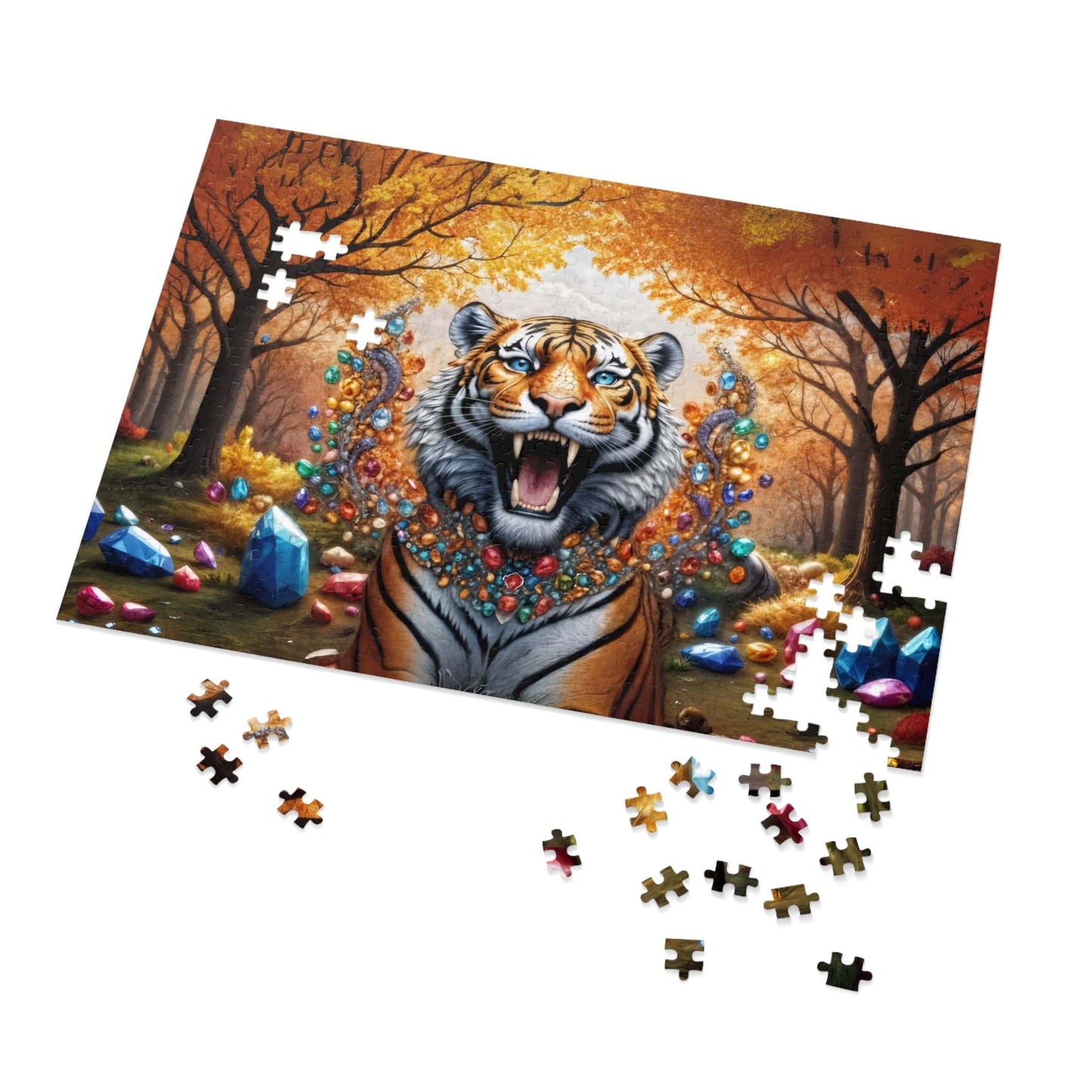Printify Puzzle 21" × 15.5" (500 pcs) Gem Forest Tiger - Jigsaw Puzzle with Tin Box