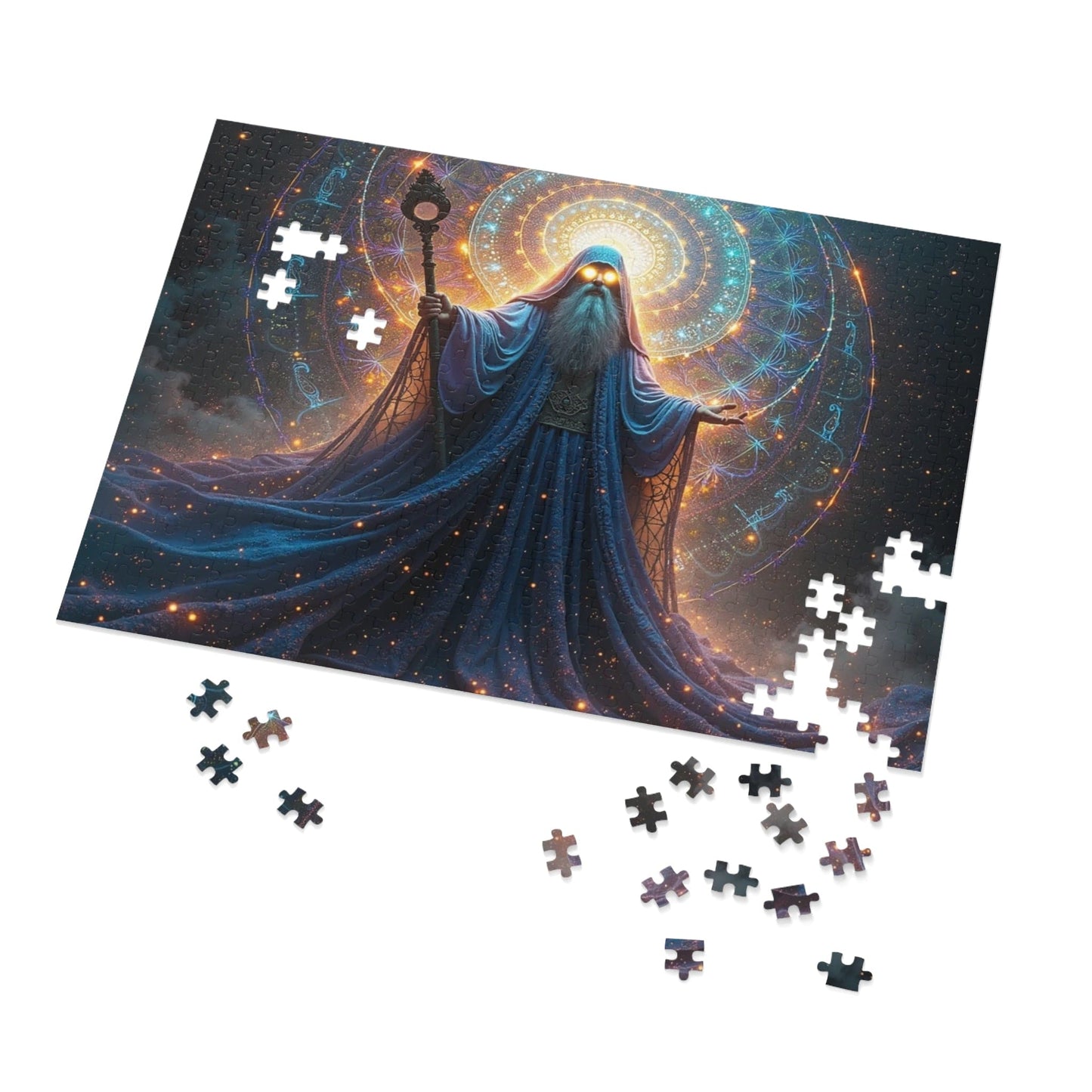 Printify Puzzle 21" × 15.5" (500 pcs) Kaleidoscopic Sorcery: The Arcane Dimensions Unraveled - Jigsaw Puzzle with Tin Box
