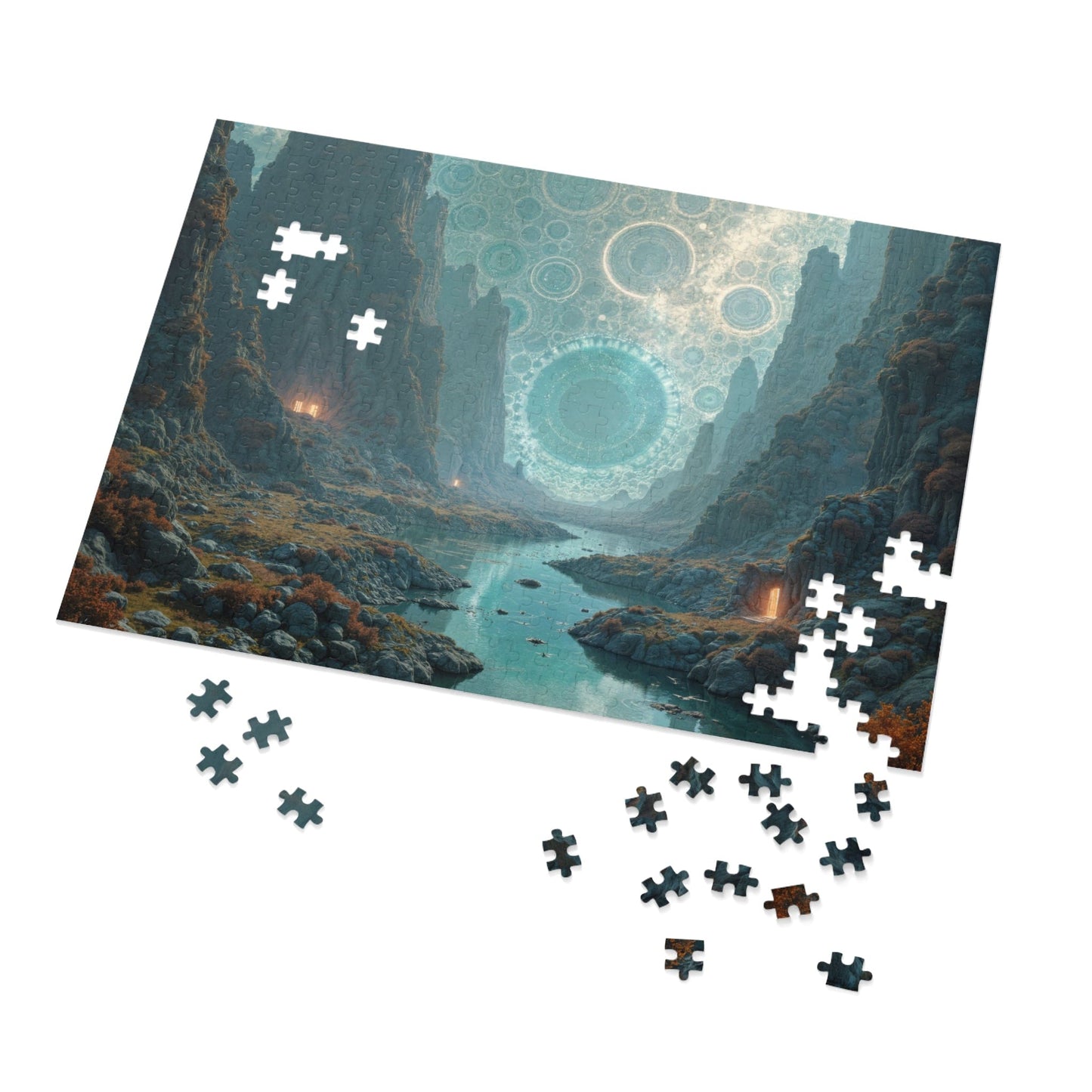 Printify Puzzle 21" × 15.5" (500 pcs) The Enigma of the Impossible Realm - Jigsaw Puzzle with Tin Box