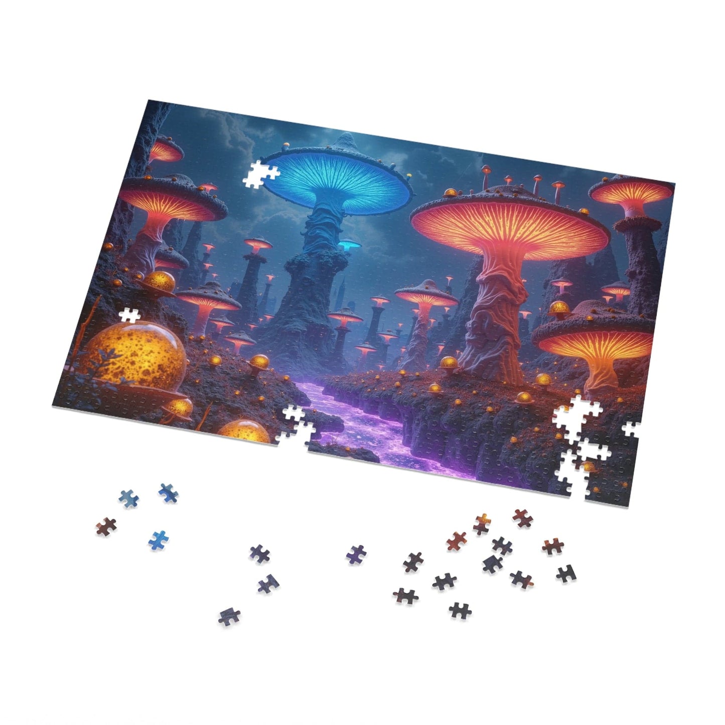 Printify Puzzle 30" × 20" (1000 pcs) Bioluminescent Fungal Realm - Jigsaw Puzzle with Tin Box