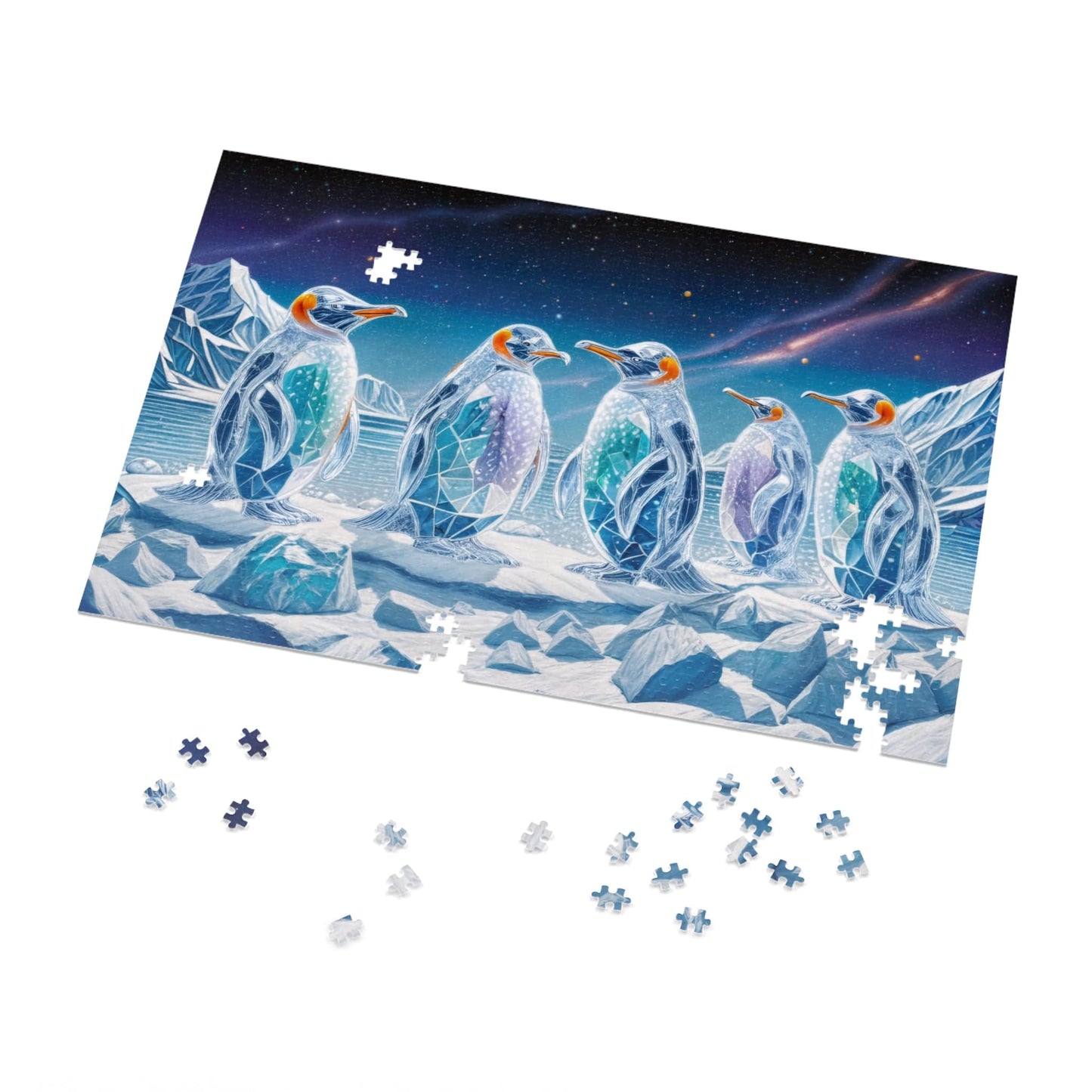 Printify Puzzle 30" × 20" (1000 pcs) Crystal Penguins - Jigsaw Puzzle with Tin Box