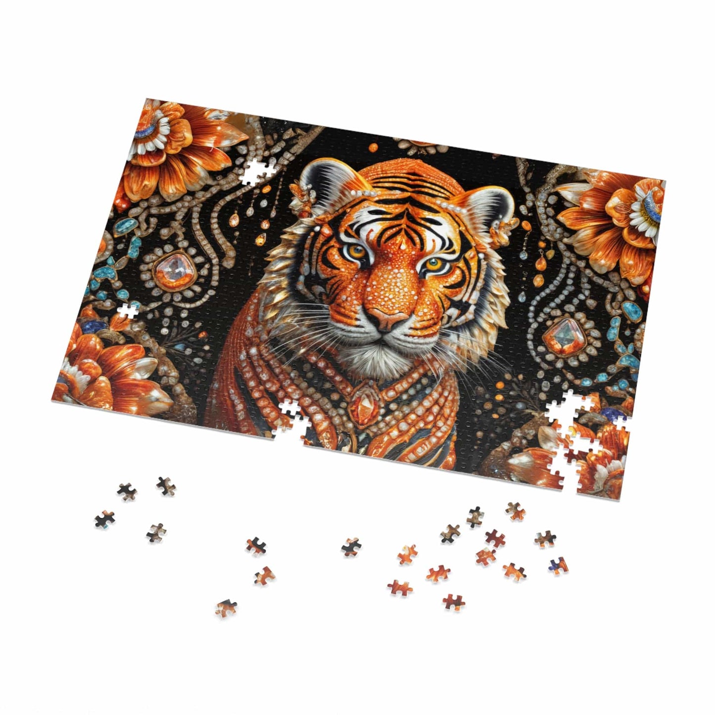 Printify Puzzle 30" × 20" (1000 pcs) Gem Flower Tiger - Jigsaw Puzzle with Tin Box