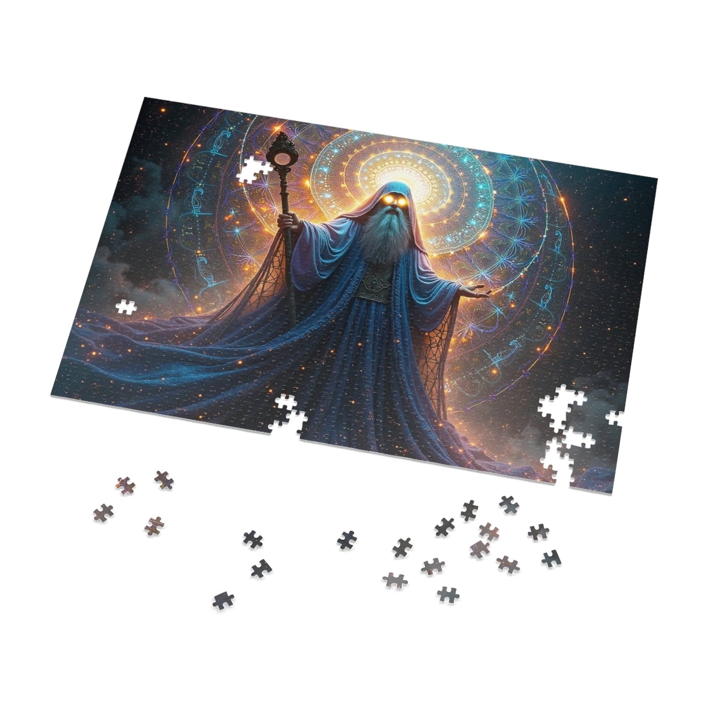 Printify Puzzle 30" × 20" (1000 pcs) Kaleidoscopic Sorcery: The Arcane Dimensions Unraveled - Jigsaw Puzzle with Tin Box