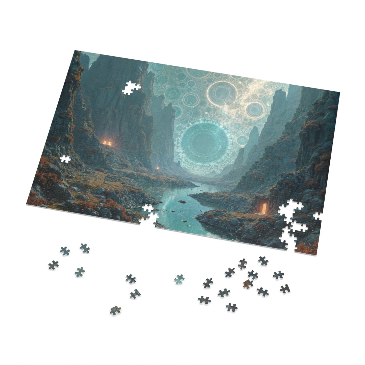 Printify Puzzle 30" × 20" (1000 pcs) The Enigma of the Impossible Realm - Jigsaw Puzzle with Tin Box