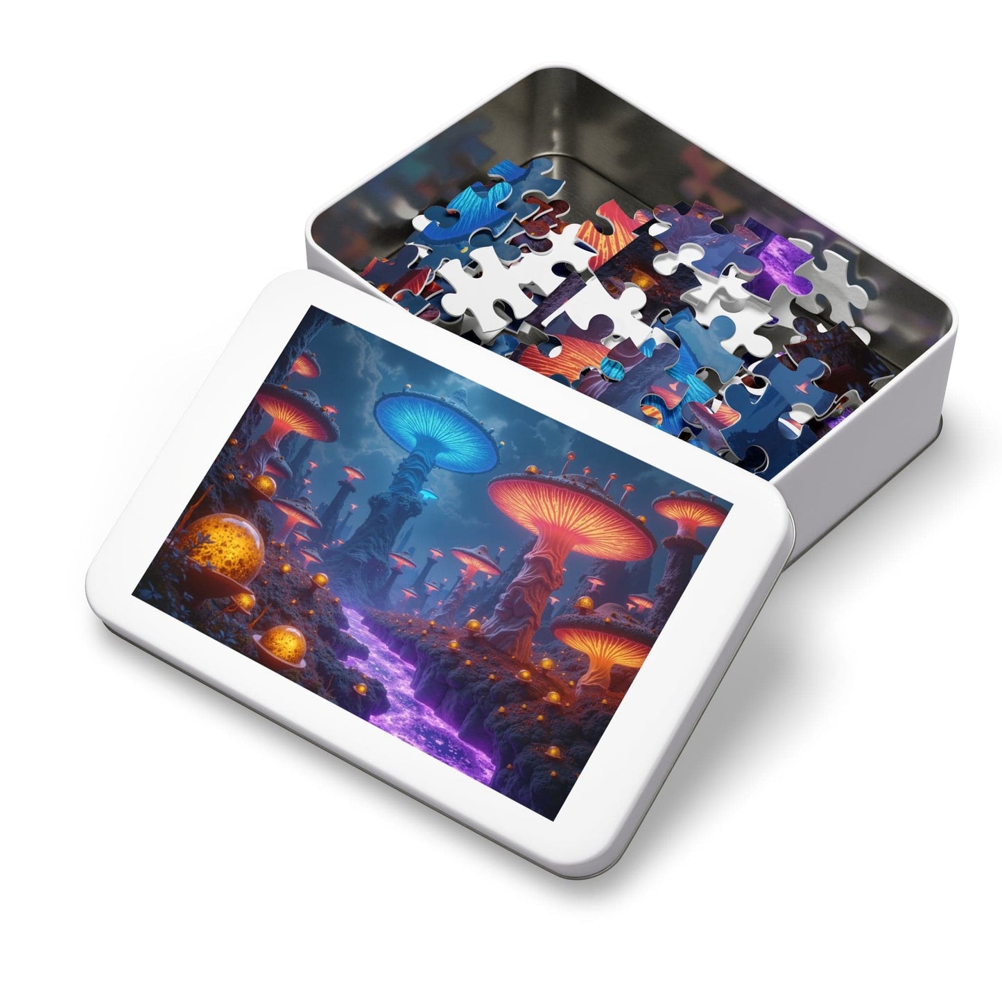 Printify Puzzle Bioluminescent Fungal Realm - Jigsaw Puzzle with Tin Box