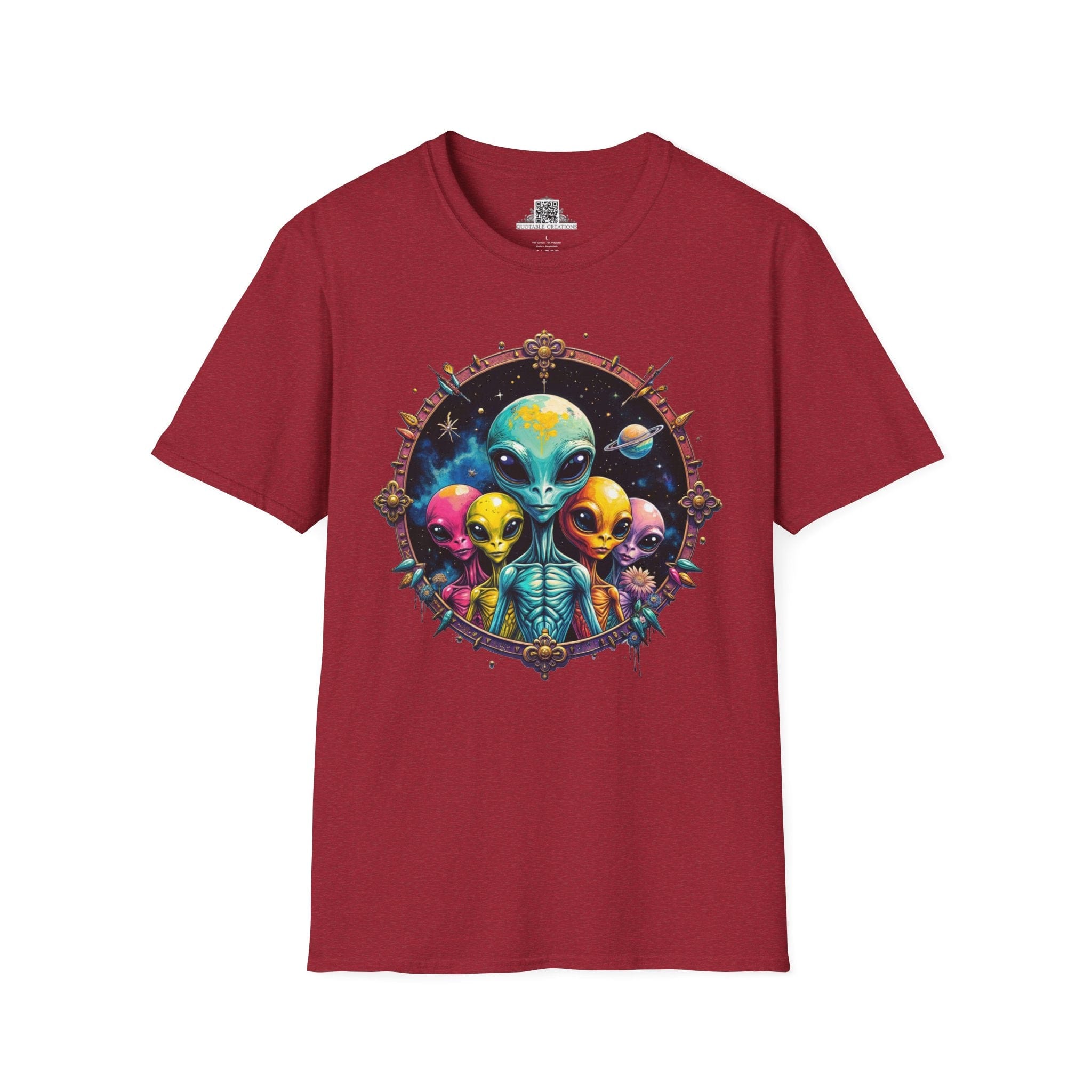 Printify T-Shirt S / Antique Cherry Red T-Shirt - Cosmic Beings Unite! Time for a Galaxy Celebration! - Alien & Space