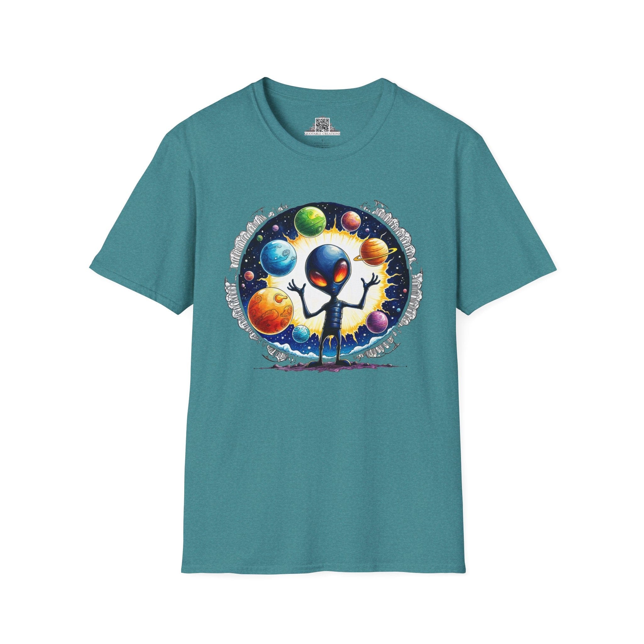 Printify T-Shirt S / Heather Galapagos Blue T-Shirt - Out of This World Fun is Just a Star Jump Away! - Alien & Space