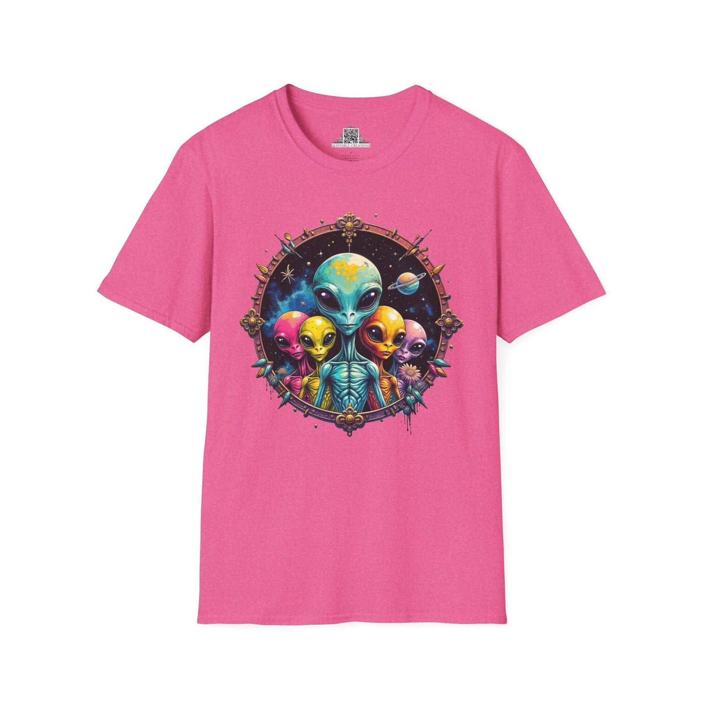 Printify T-Shirt S / Heather Heliconia T-Shirt - Cosmic Beings Unite! Time for a Galaxy Celebration! - Alien & Space