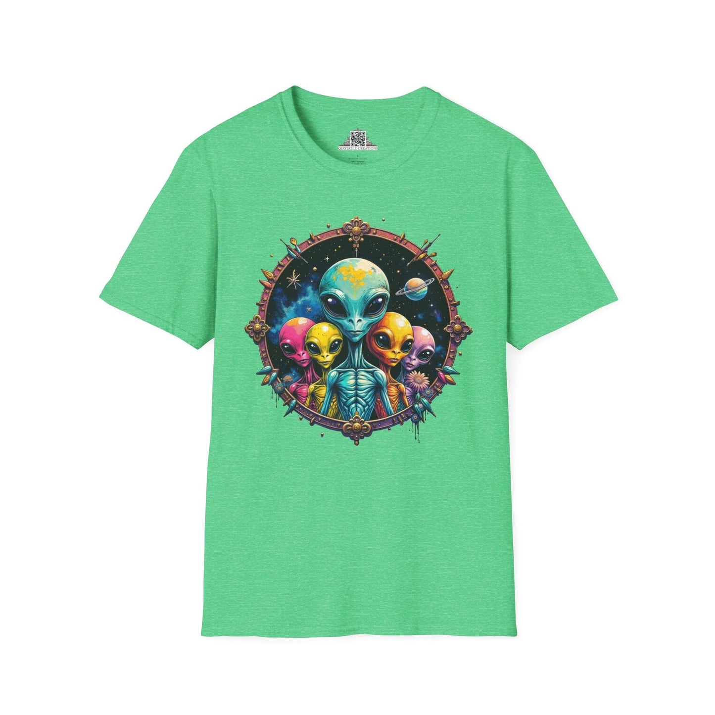Printify T-Shirt S / Heather Irish Green T-Shirt - Cosmic Beings Unite! Time for a Galaxy Celebration! - Alien & Space