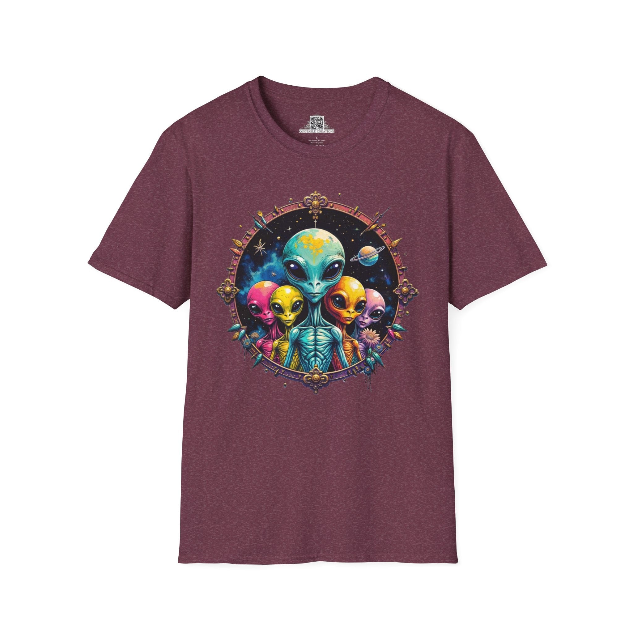 Printify T-Shirt S / Heather Maroon T-Shirt - Cosmic Beings Unite! Time for a Galaxy Celebration! - Alien & Space