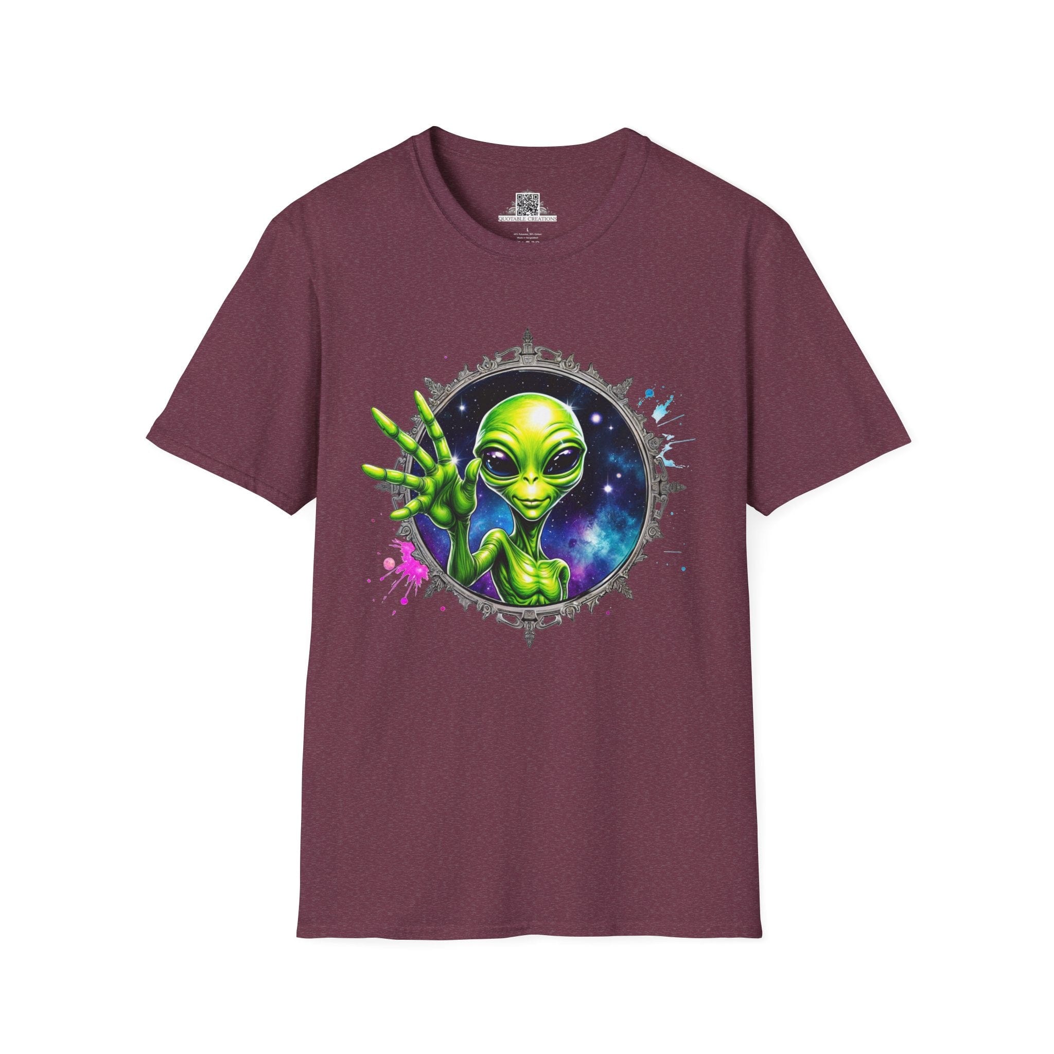 Printify T-Shirt S / Heather Maroon T-Shirt - We Come in Peace and Good Vibes! - Alien & Space