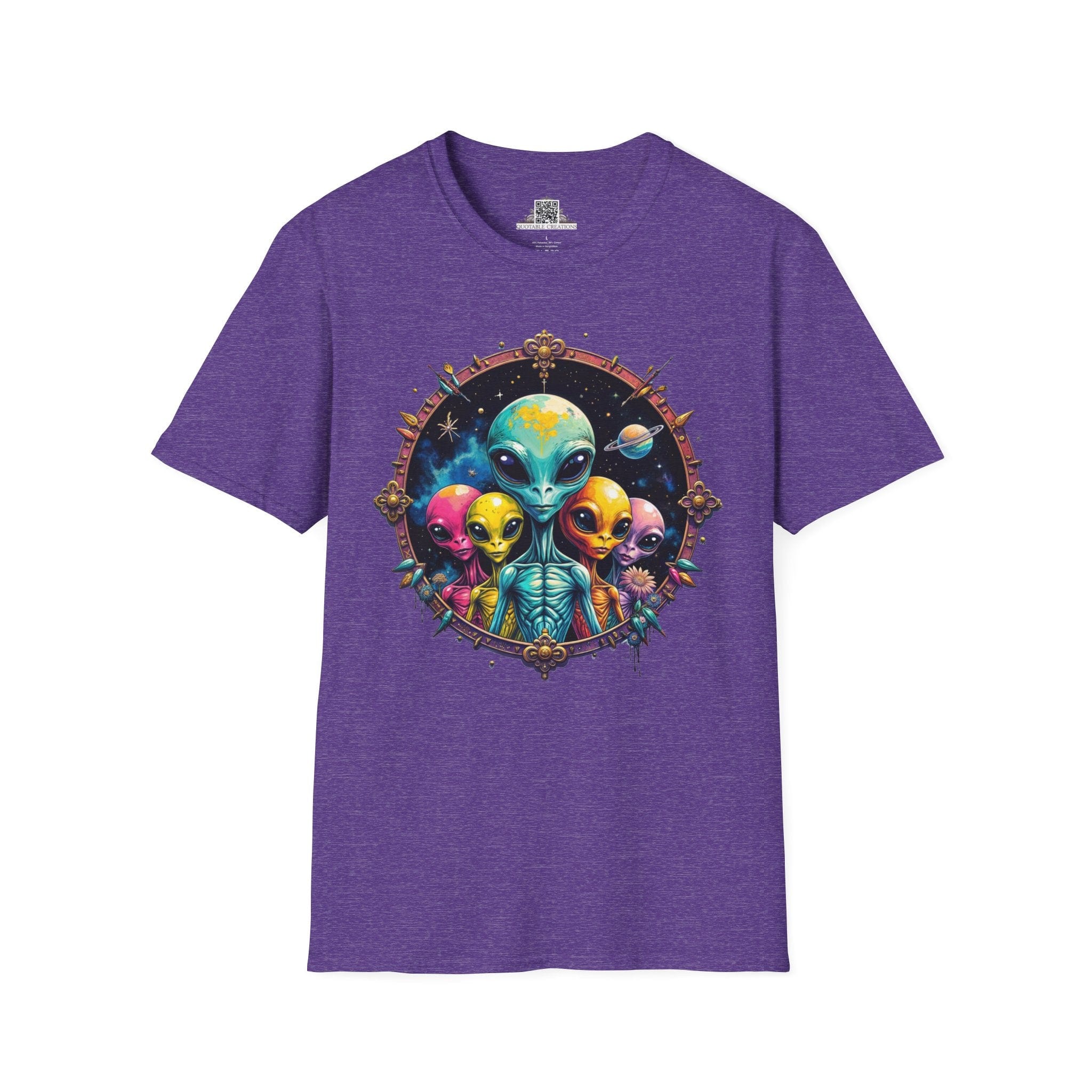 Printify T-Shirt S / Heather Purple T-Shirt - Cosmic Beings Unite! Time for a Galaxy Celebration! - Alien & Space