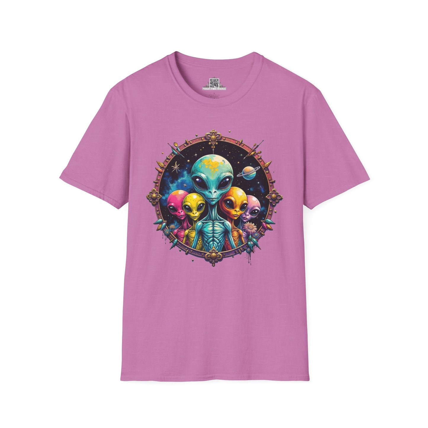 Printify T-Shirt S / Heather Radiant Orchid T-Shirt - Cosmic Beings Unite! Time for a Galaxy Celebration! - Alien & Space