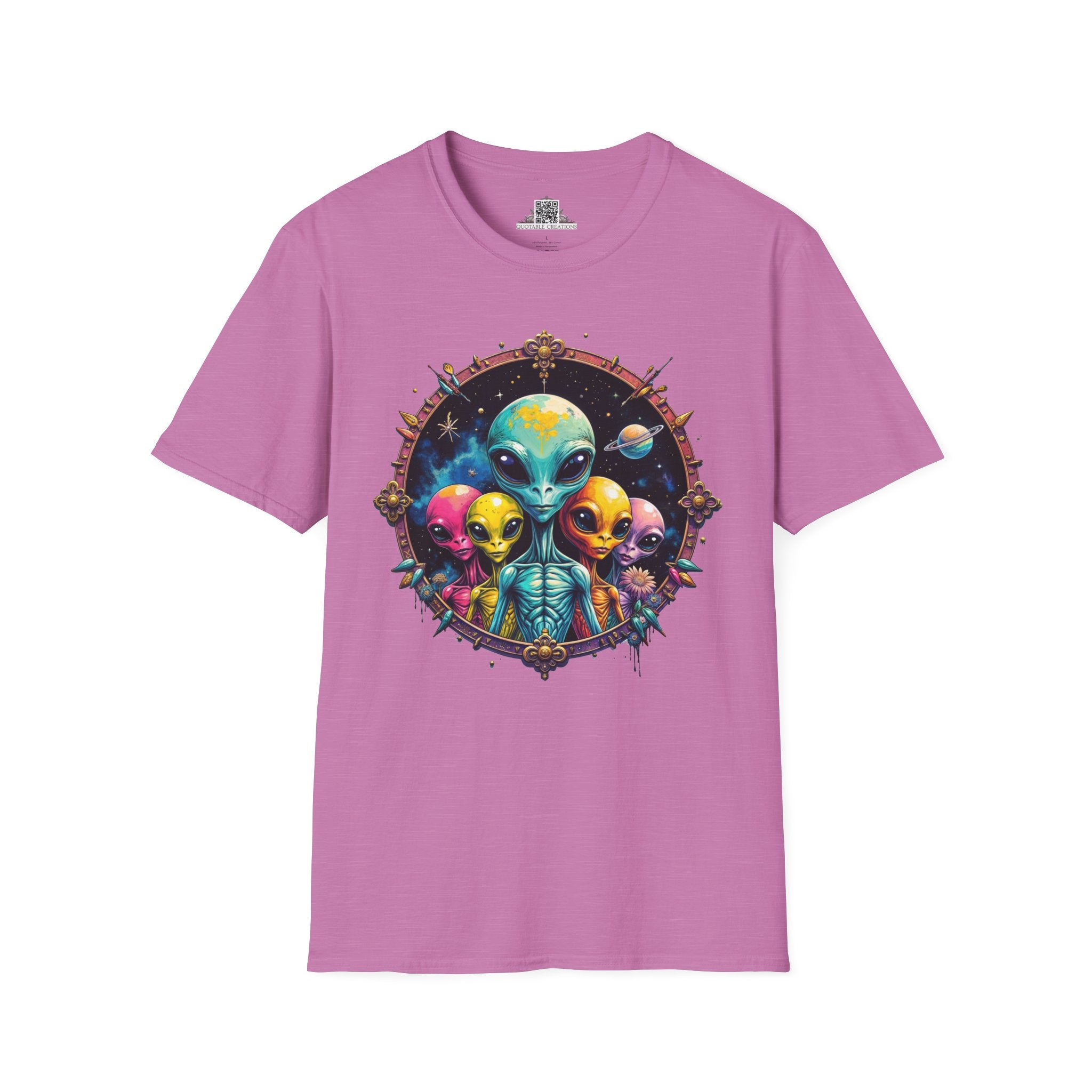 Printify T-Shirt S / Heather Radiant Orchid T-Shirt - Cosmic Beings Unite! Time for a Galaxy Celebration! - Alien & Space