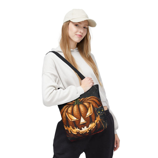 Printify Bags 13" × 13'' / Black Halloween Pumpkin Cat Tote: Spooky Autumn Accessory for Trick-or-Treat and Fall Fashion