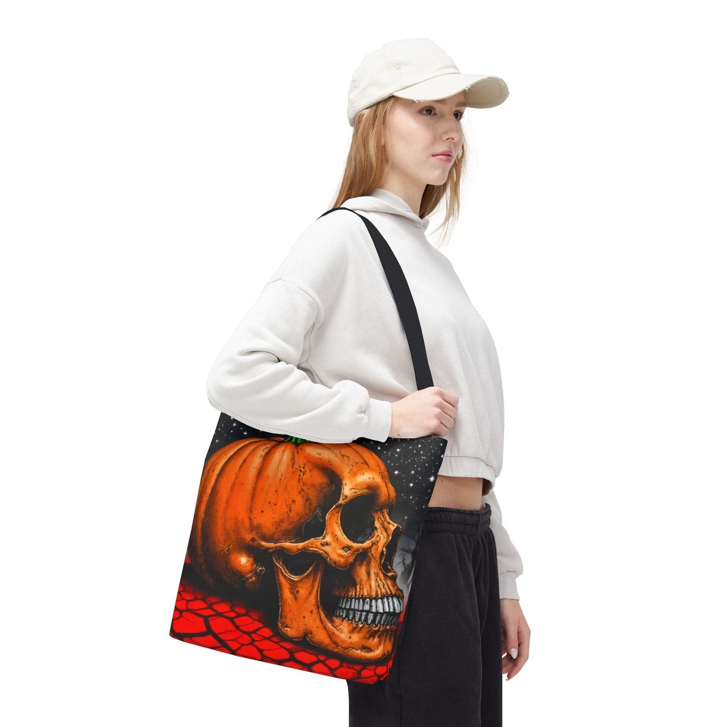 Printify Bags 16" × 16'' / Black Spooky Skull Pumpkin Tote: Halloween Trick-or-Treat Bag, Gothic Fall Accessory, Unique Gift
