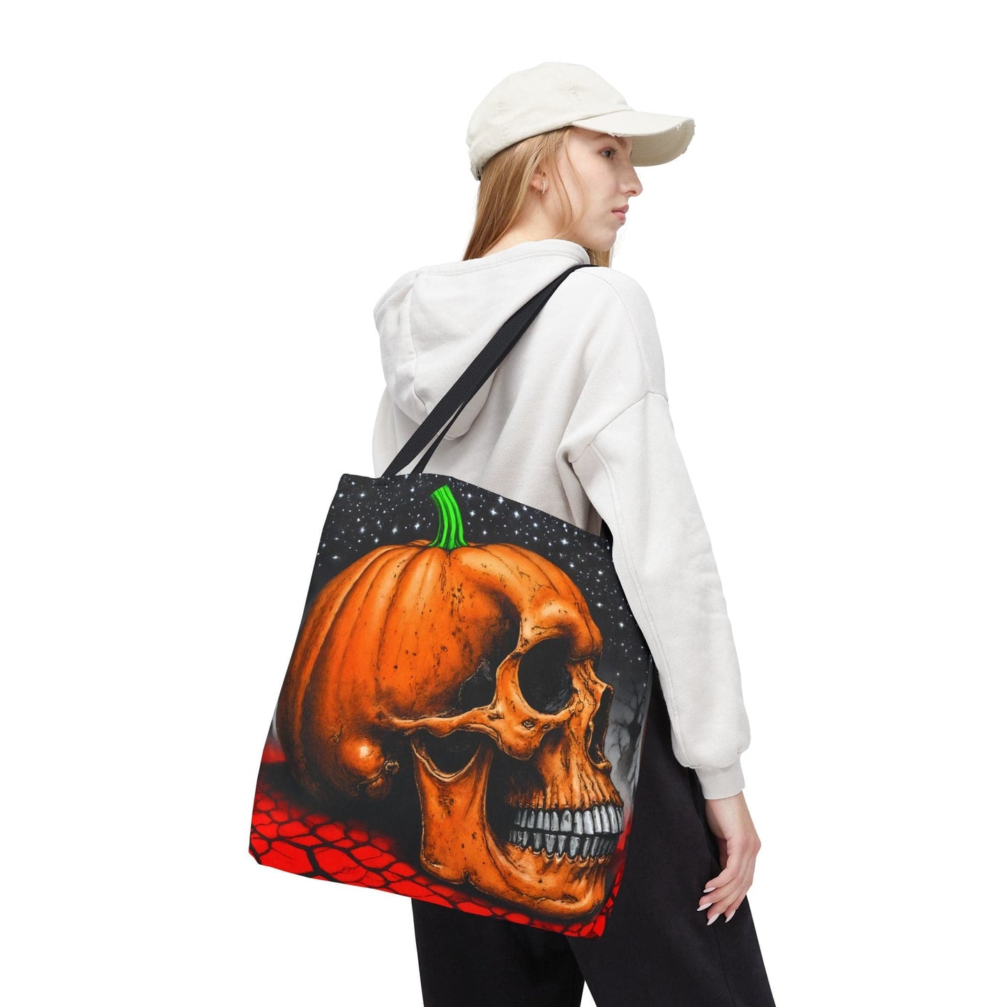 Printify Bags 18" × 18'' / Black Spooky Skull Pumpkin Tote: Halloween Trick-or-Treat Bag, Gothic Fall Accessory, Unique Gift
