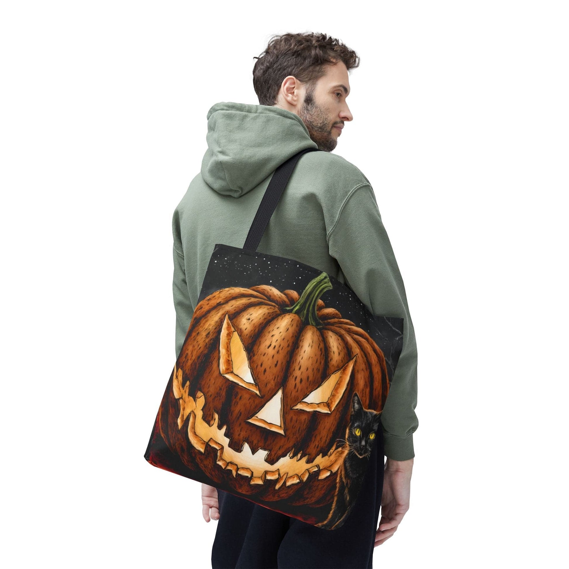 Printify Bags Halloween Pumpkin Cat Tote: Spooky Autumn Accessory for Trick-or-Treat and Fall Fashion