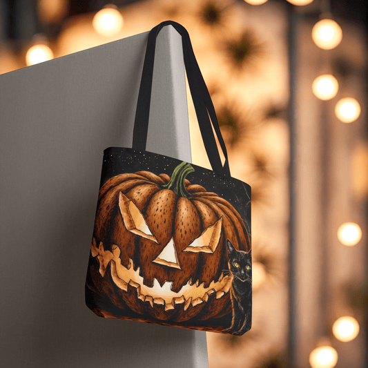 Printify Bags Halloween Pumpkin Cat Tote: Spooky Autumn Accessory for Trick-or-Treat and Fall Fashion